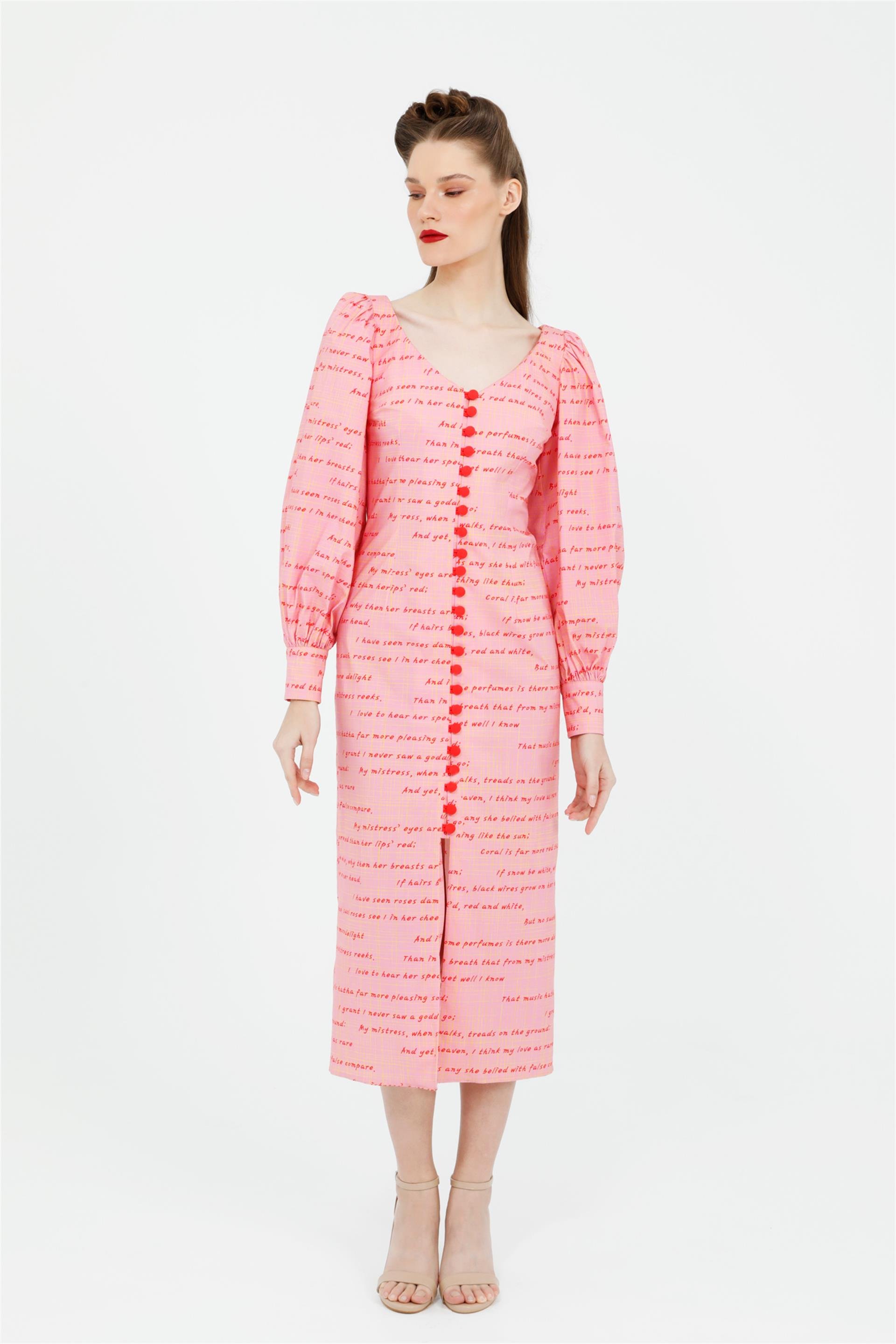 V Yakalı Yazı Desenli Midi Boy Peme Poplin Elbise