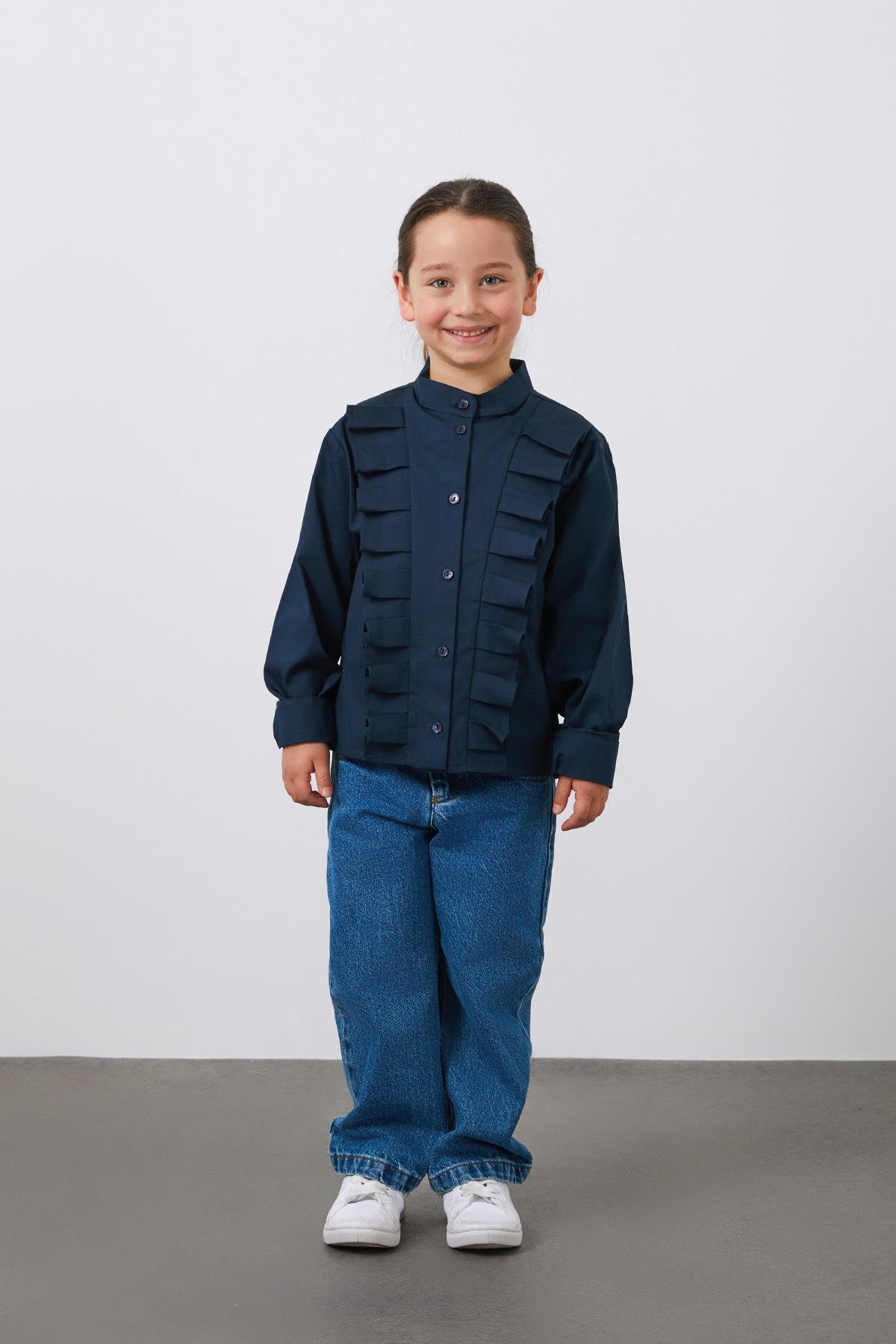 Volanlı Dik Yaka Kız Çocuk Lacivert Gömlek