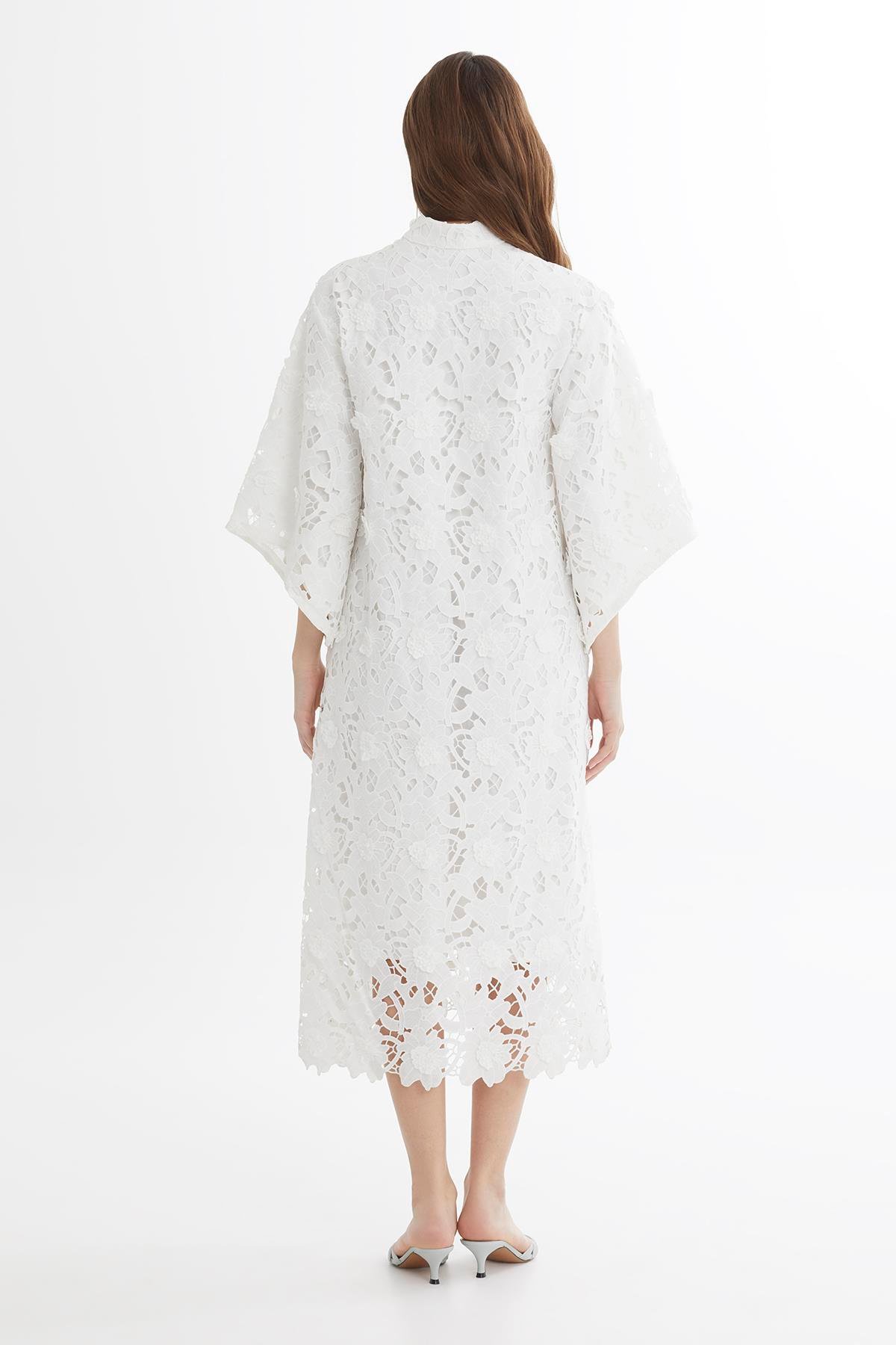 White Batwing Sleeve Embroidered Midi Dress