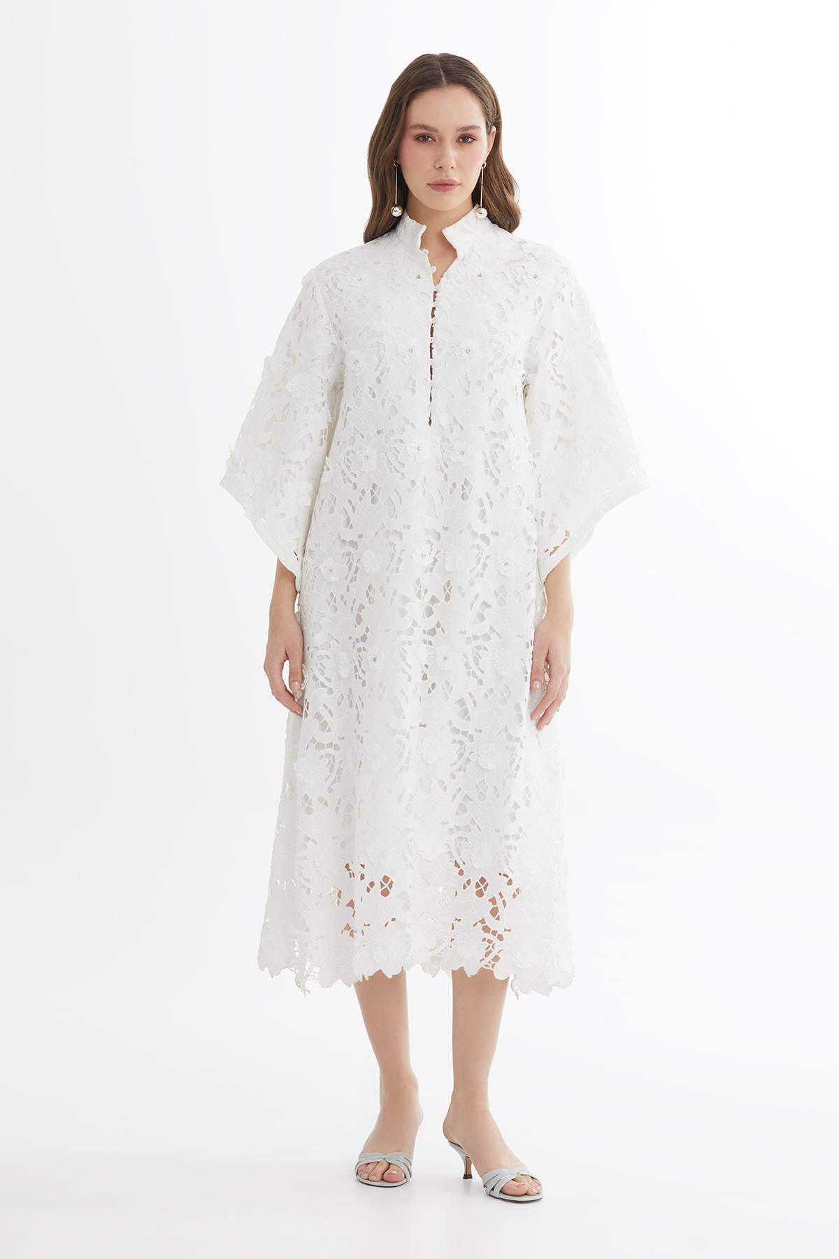 White Batwing Sleeve Embroidered Midi Dress