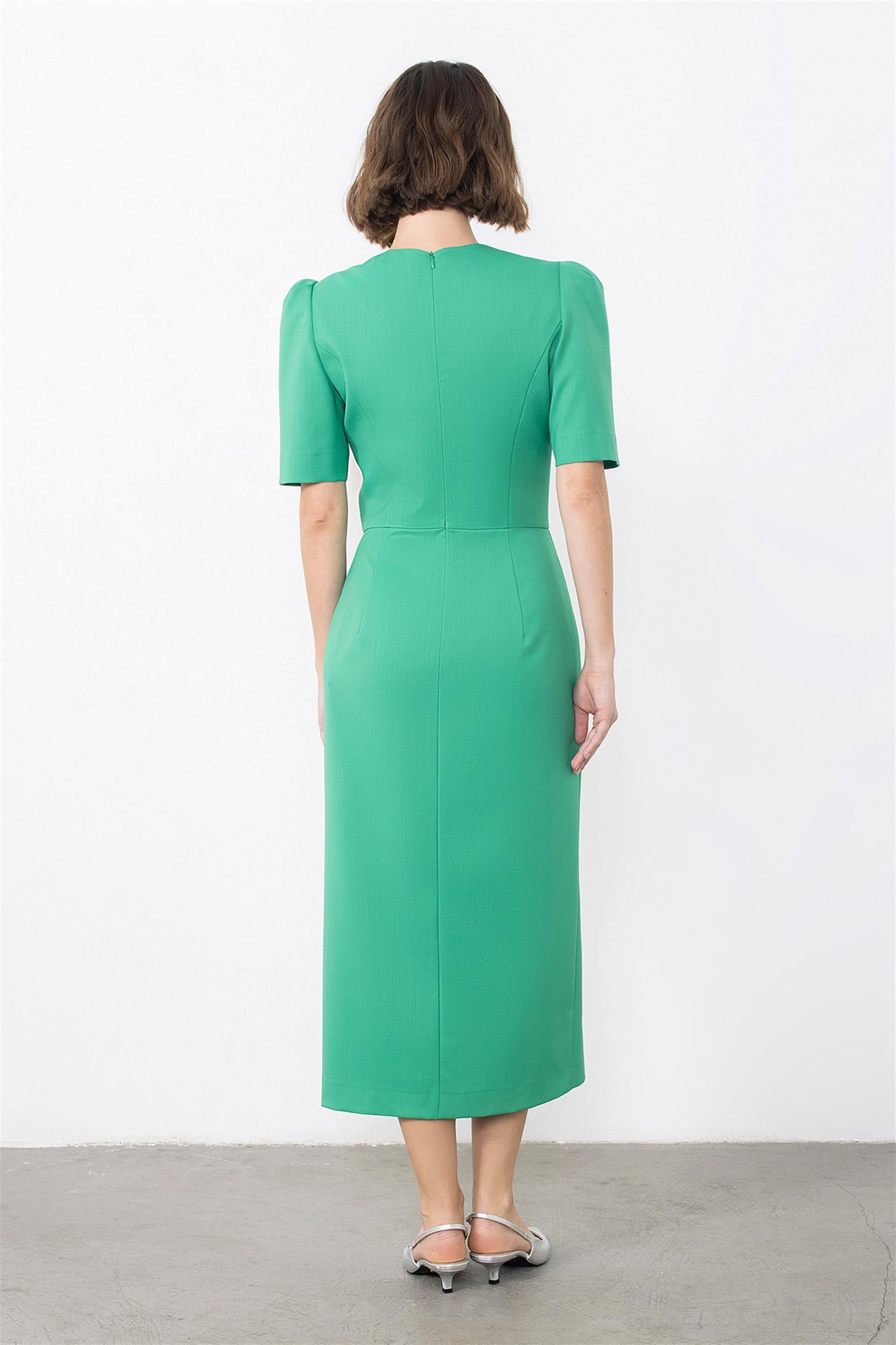 Embroidered Pleated Green Dress With Collar Detail