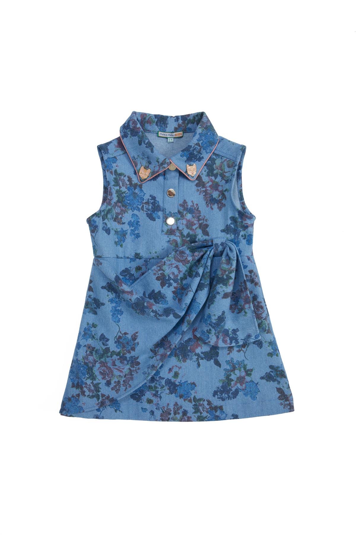 Yakalarda Aksesuar Detaylı Çıtçıtlı Desenli Jean Elbise