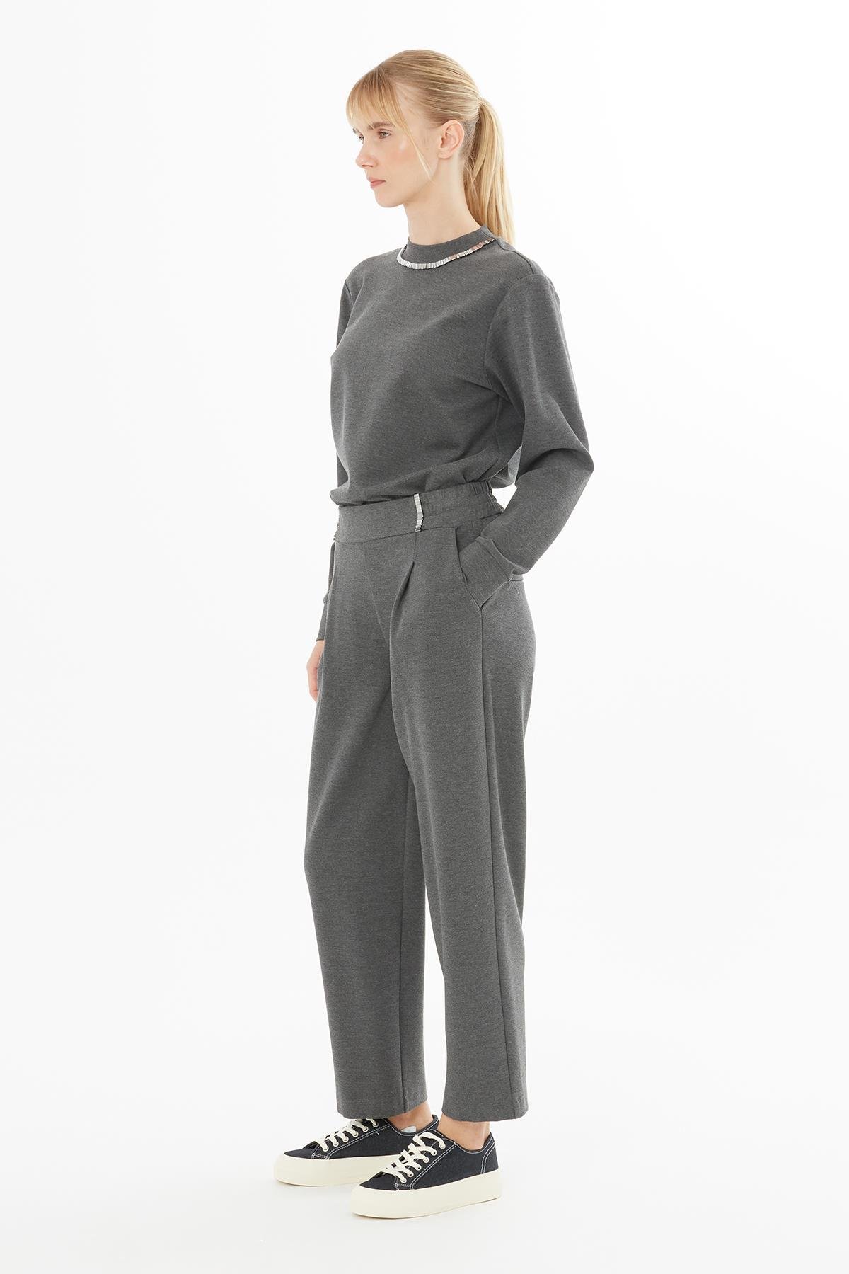 Grey Sweatshirt with Long Sleeves and Embellished Collar