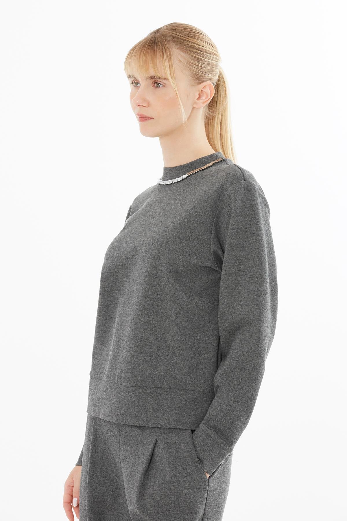 Grey Sweatshirt with Long Sleeves and Embellished Collar