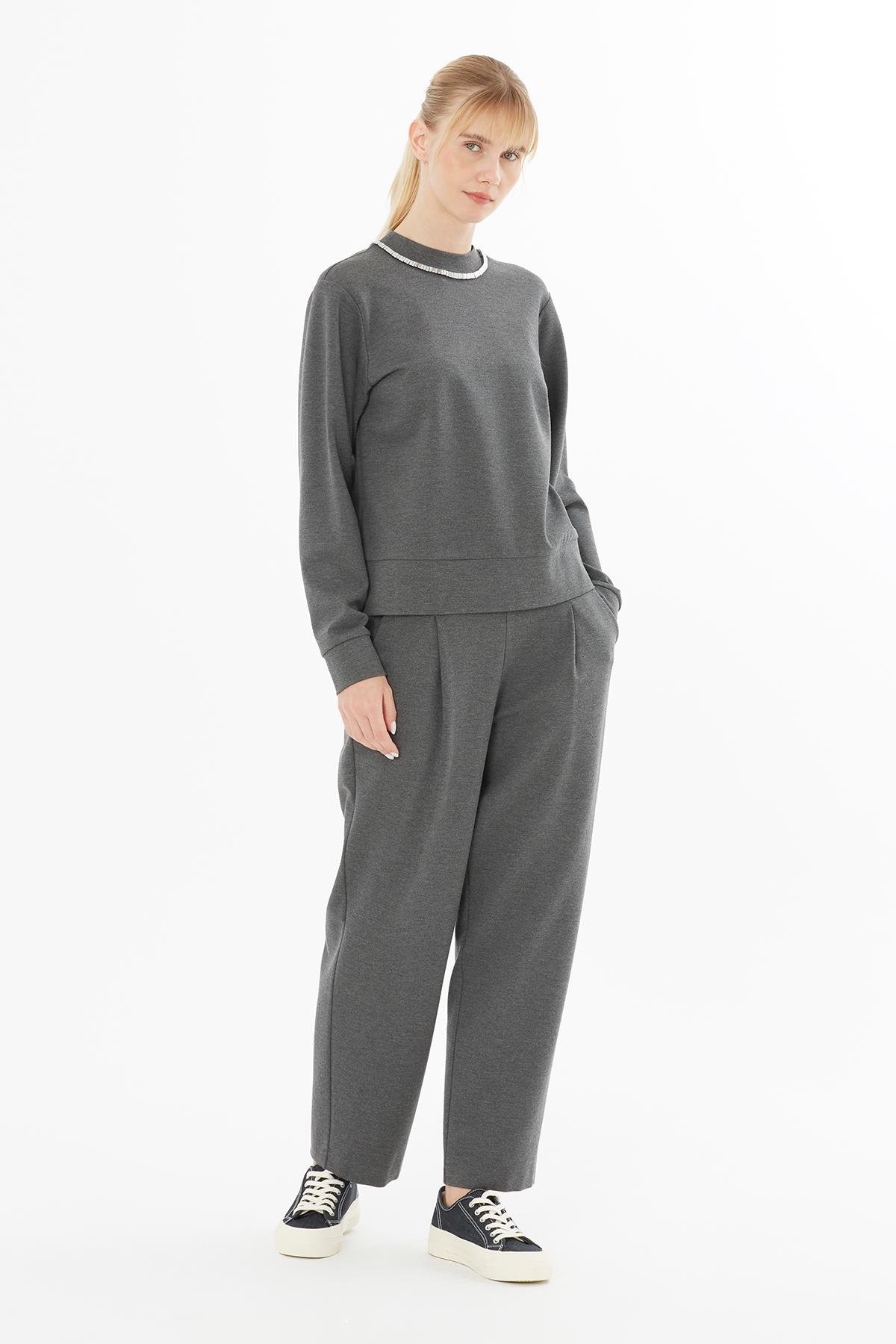 Grey Sweatshirt with Long Sleeves and Embellished Collar