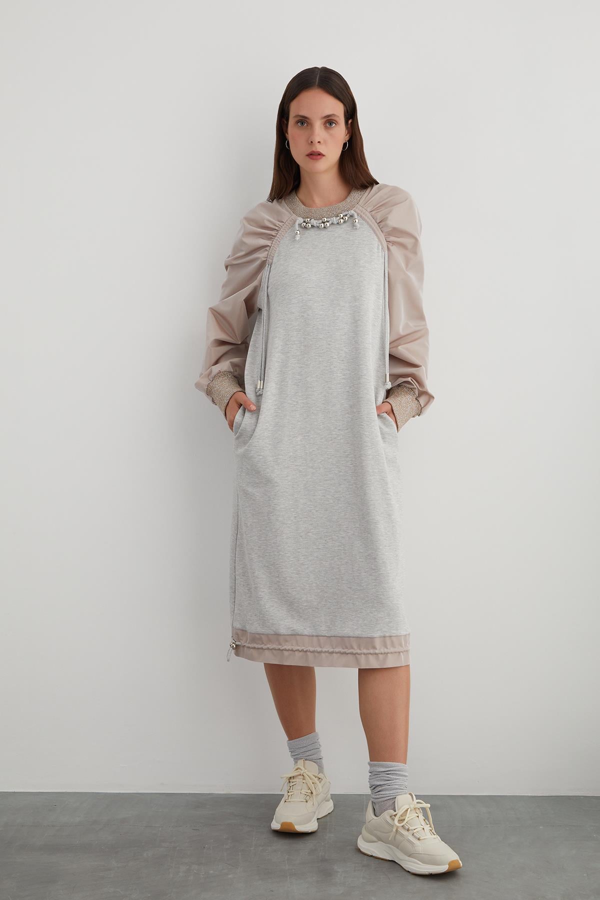 Beaded Cord Detail Neck Tie Drawstring Hem Taffeta Sleeve Dress