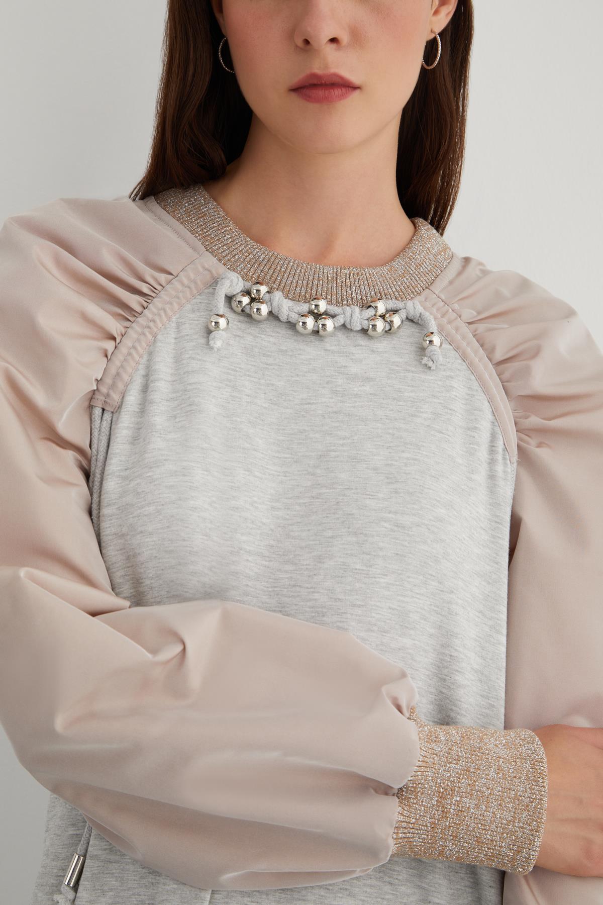 Beaded Cord Detail Neck Tie Drawstring Hem Taffeta Sleeve Dress