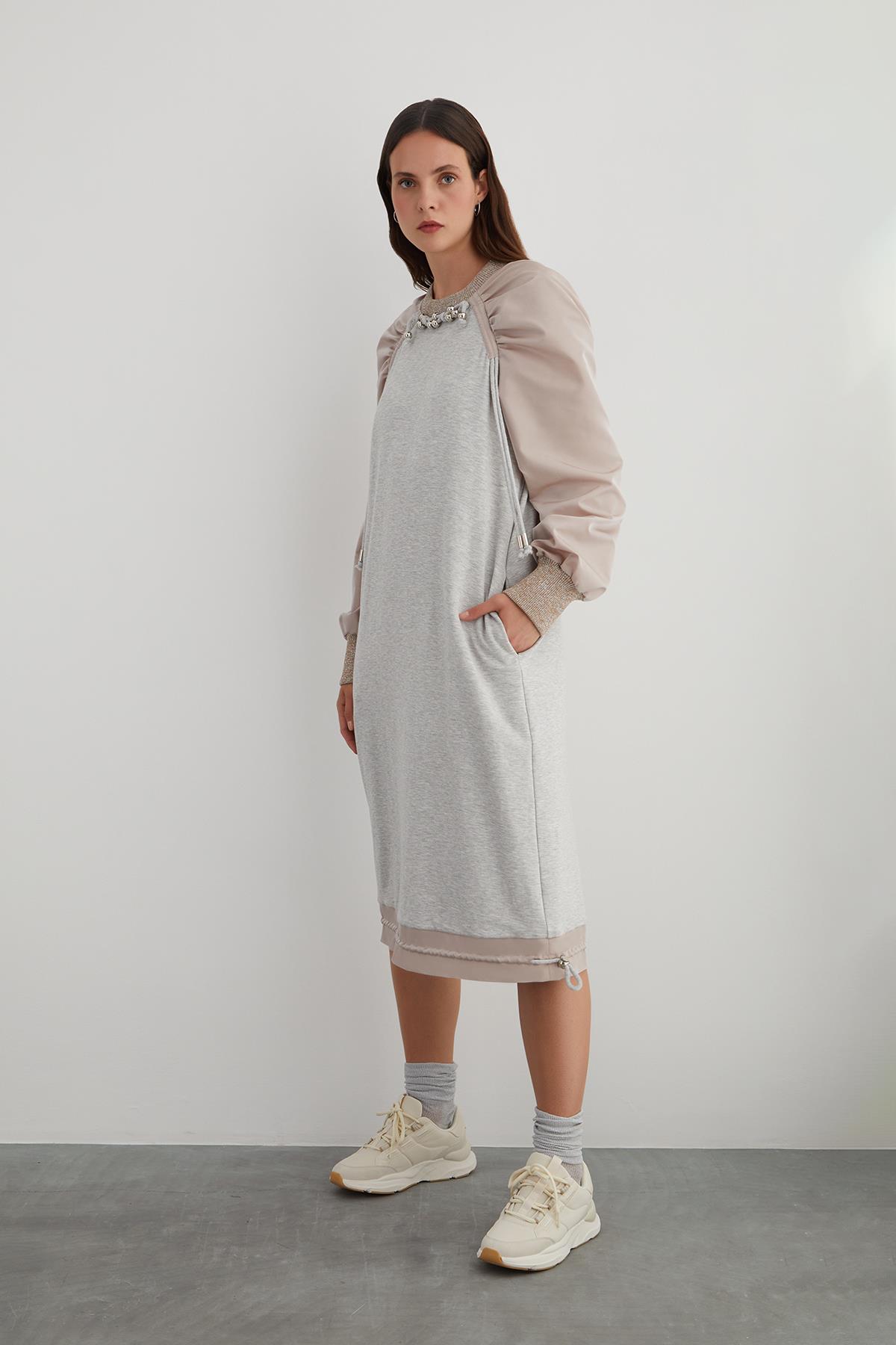 Beaded Cord Detail Neck Tie Drawstring Hem Taffeta Sleeve Dress