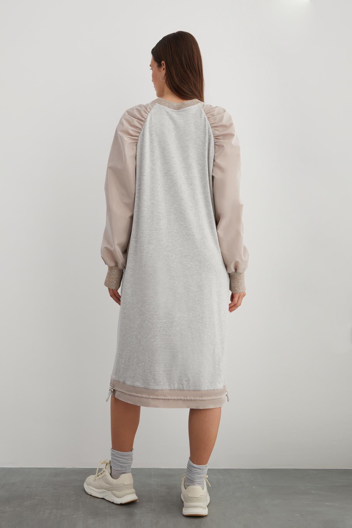 Beaded Cord Detail Neck Tie Drawstring Hem Taffeta Sleeve Dress