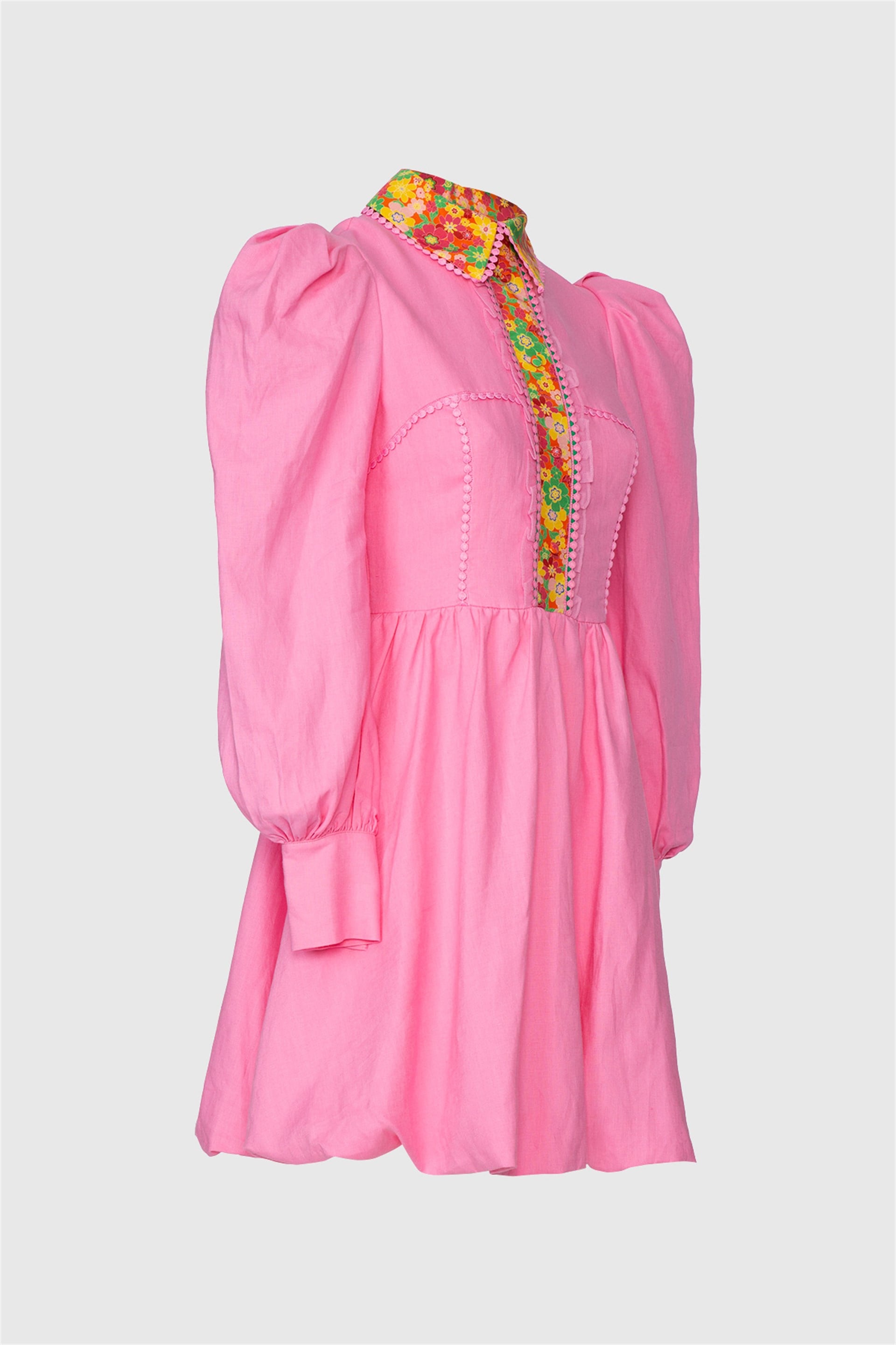 Yellow Dress with Pattern Embroidered Collar