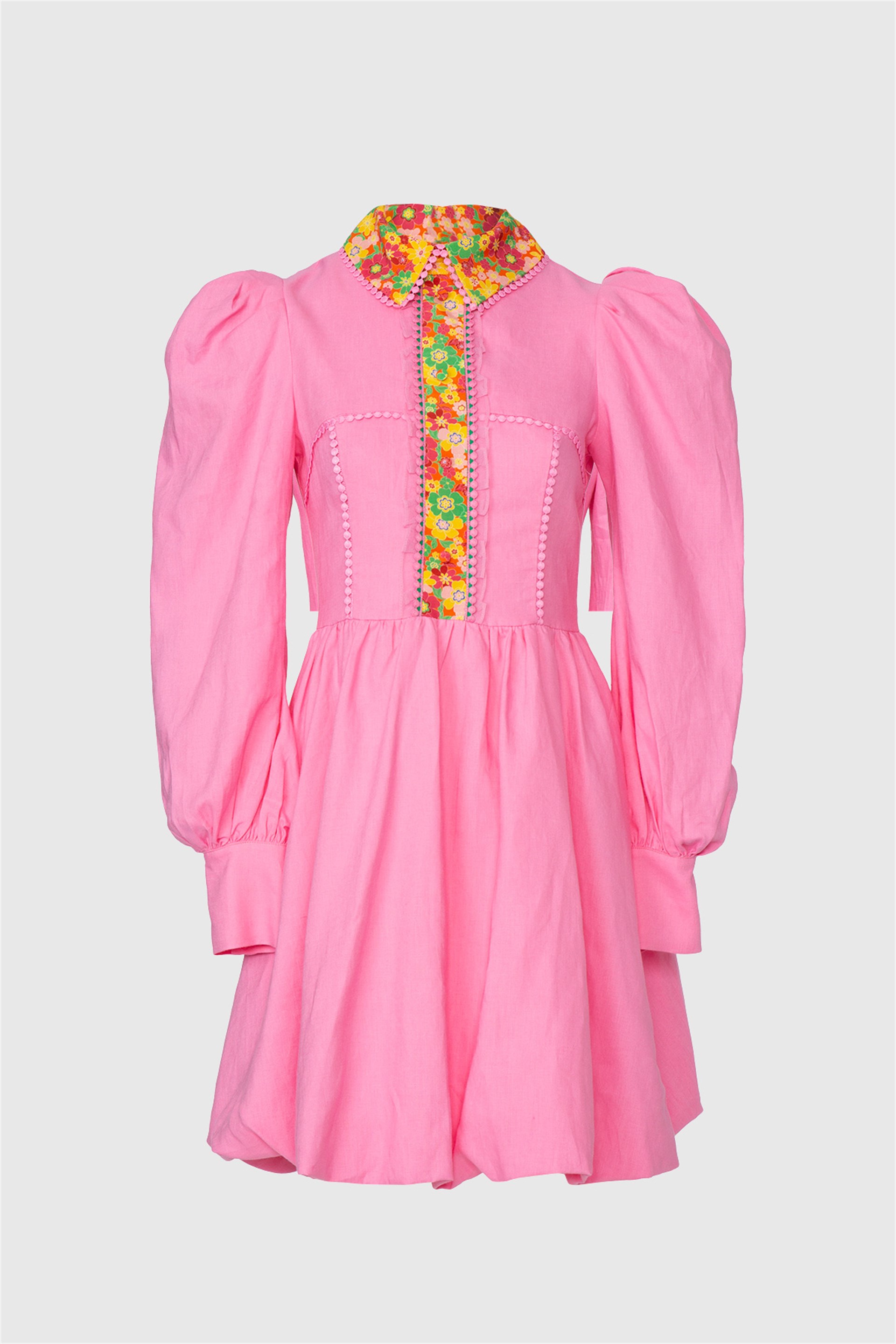 Yellow Dress with Pattern Embroidered Collar