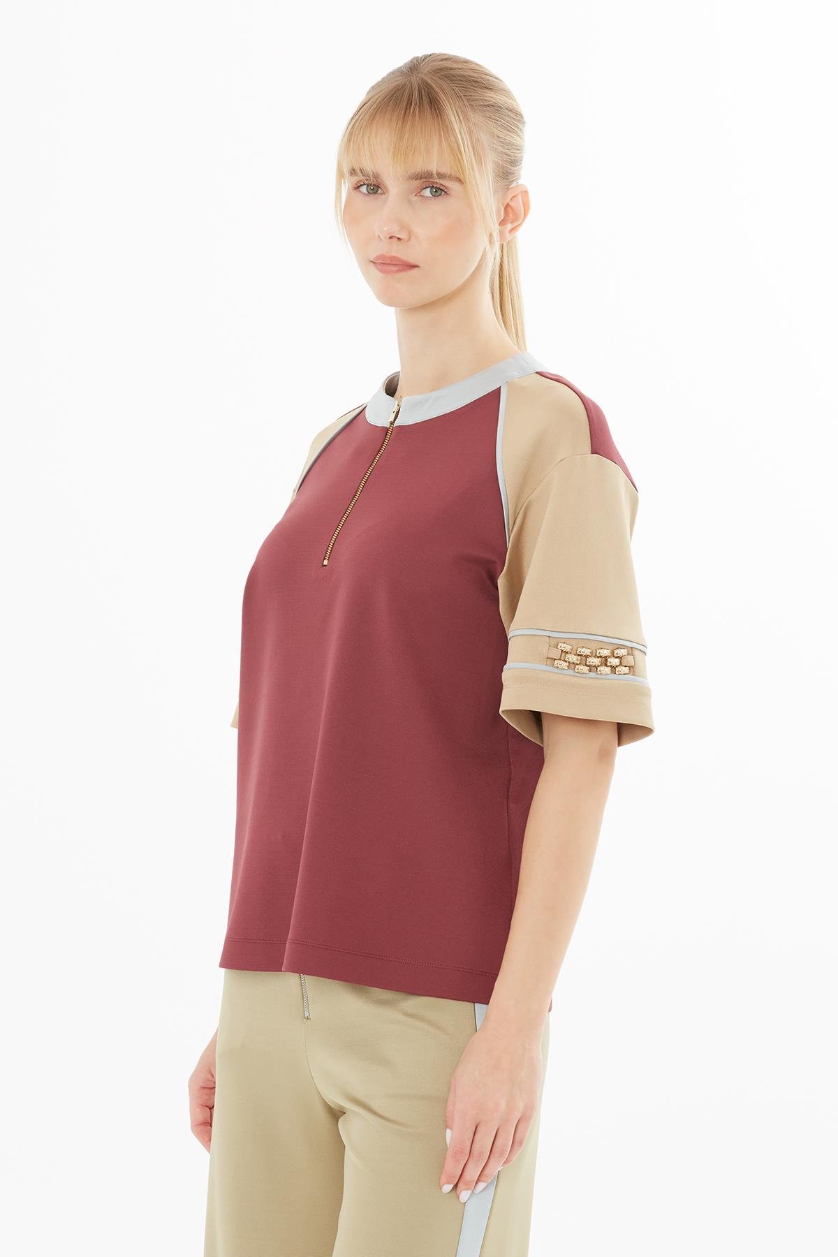 Red Blouse with Zip Collar and Sleeve Accessories