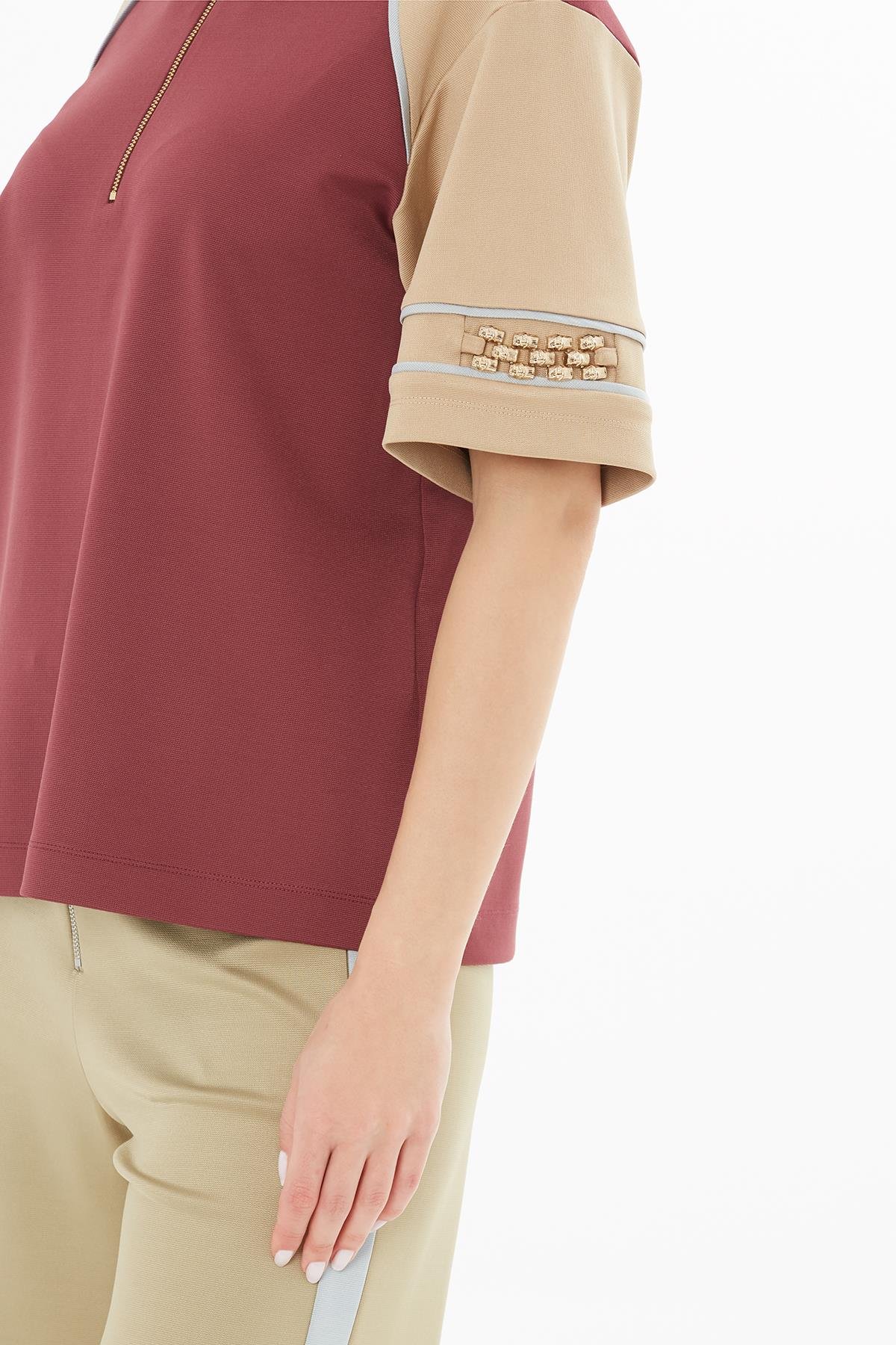 Red Blouse with Zip Collar and Sleeve Accessories