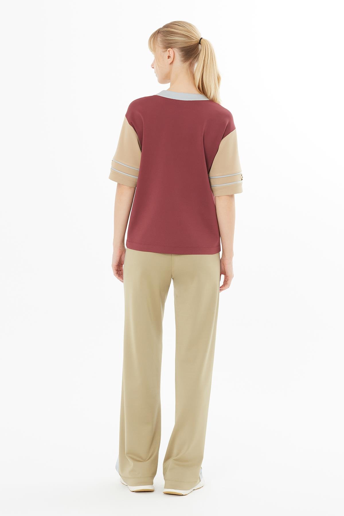 Red Blouse with Zip Collar and Sleeve Accessories