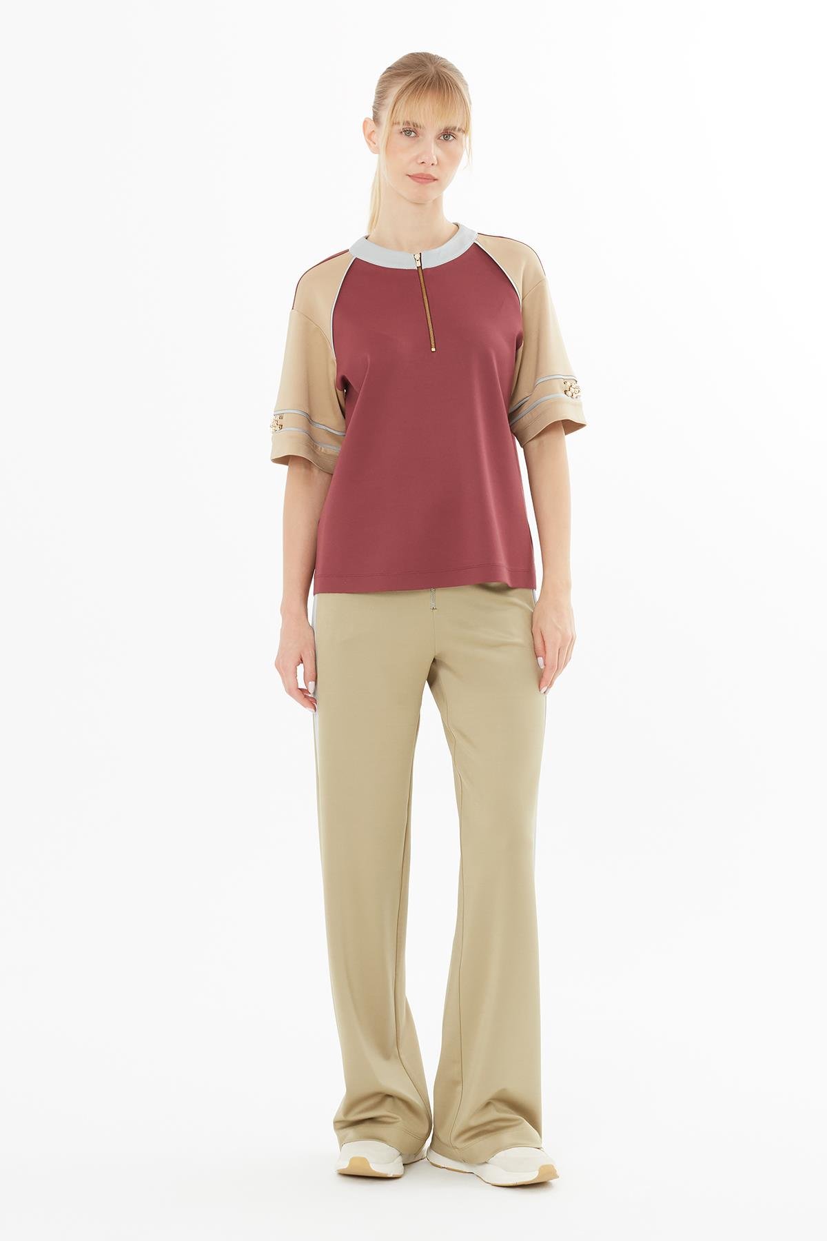 Red Blouse with Zip Collar and Sleeve Accessories