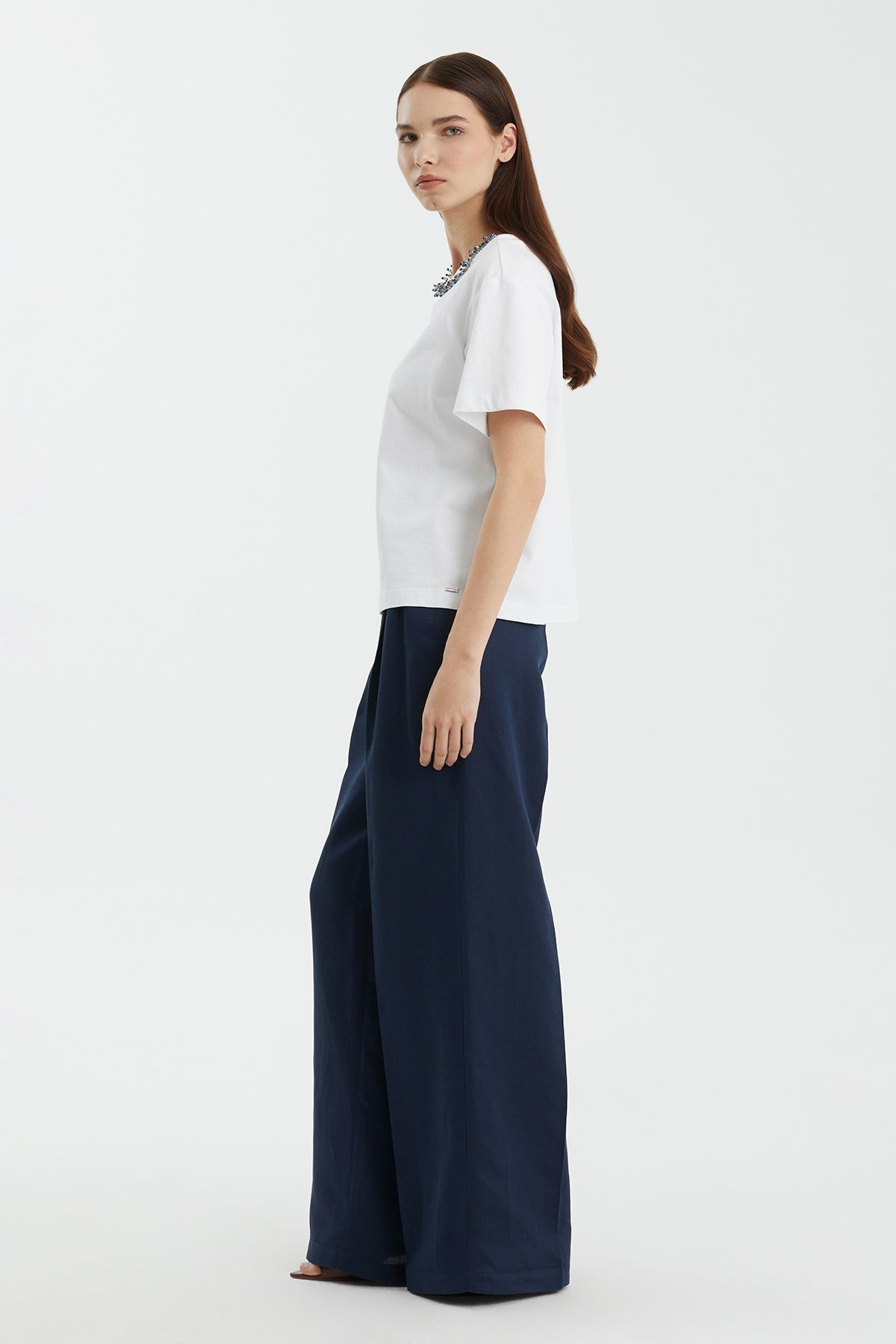 Dark Navy Embroidered Collar T-Shirt
