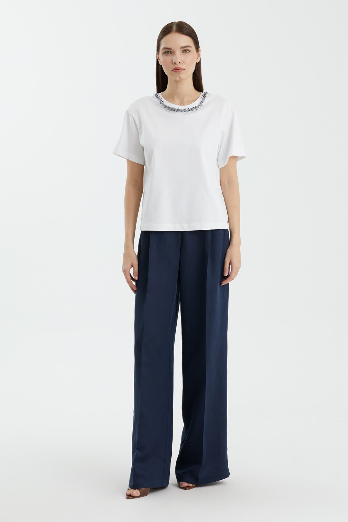 Dark Navy Embroidered Collar T-Shirt