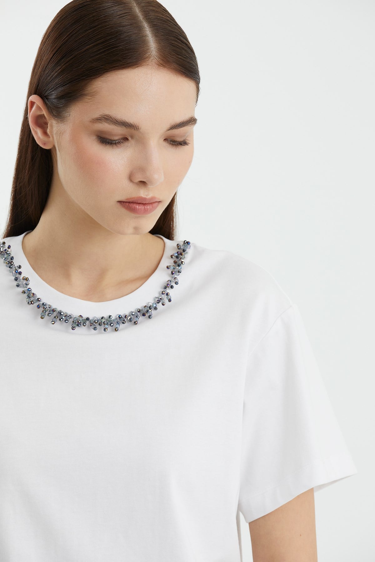 Dark Navy Embroidered Collar T-Shirt
