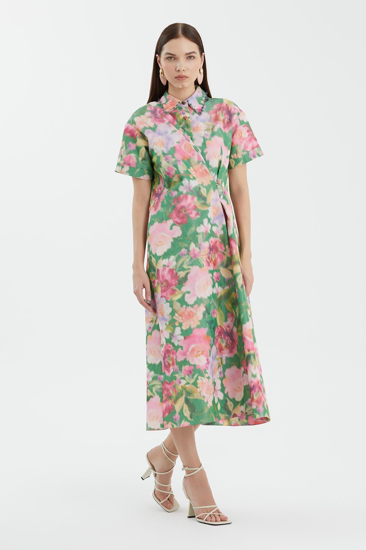 Embroidered Collar Printed Dress