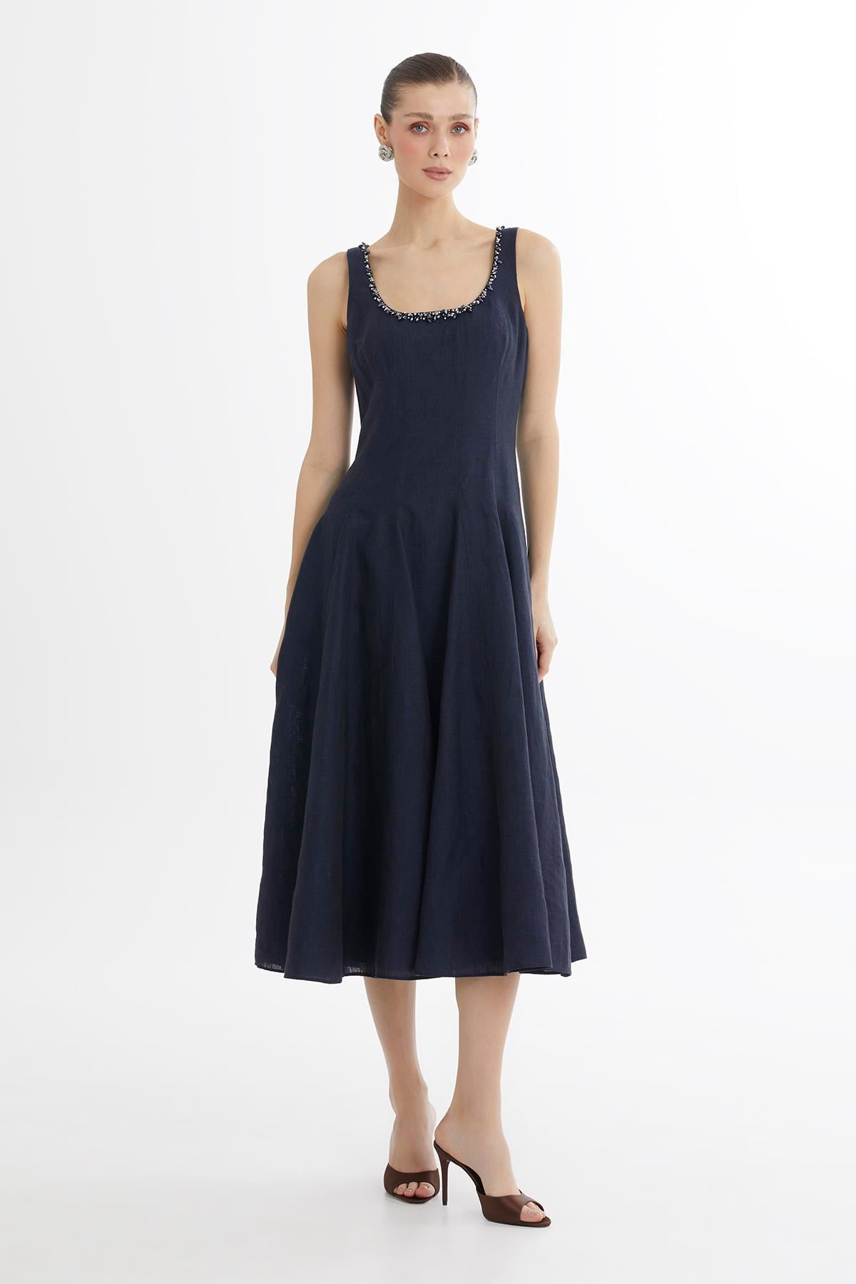 Dark Navy Embroidered Collar Linen Midi Dress