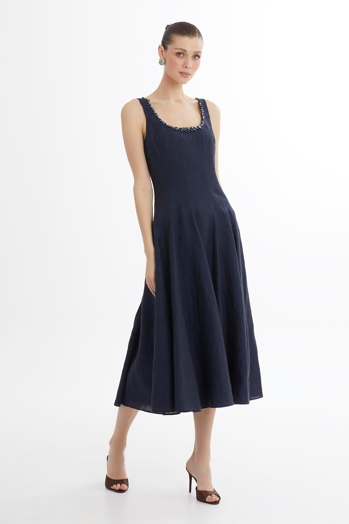 Dark Navy Embroidered Collar Linen Midi Dress