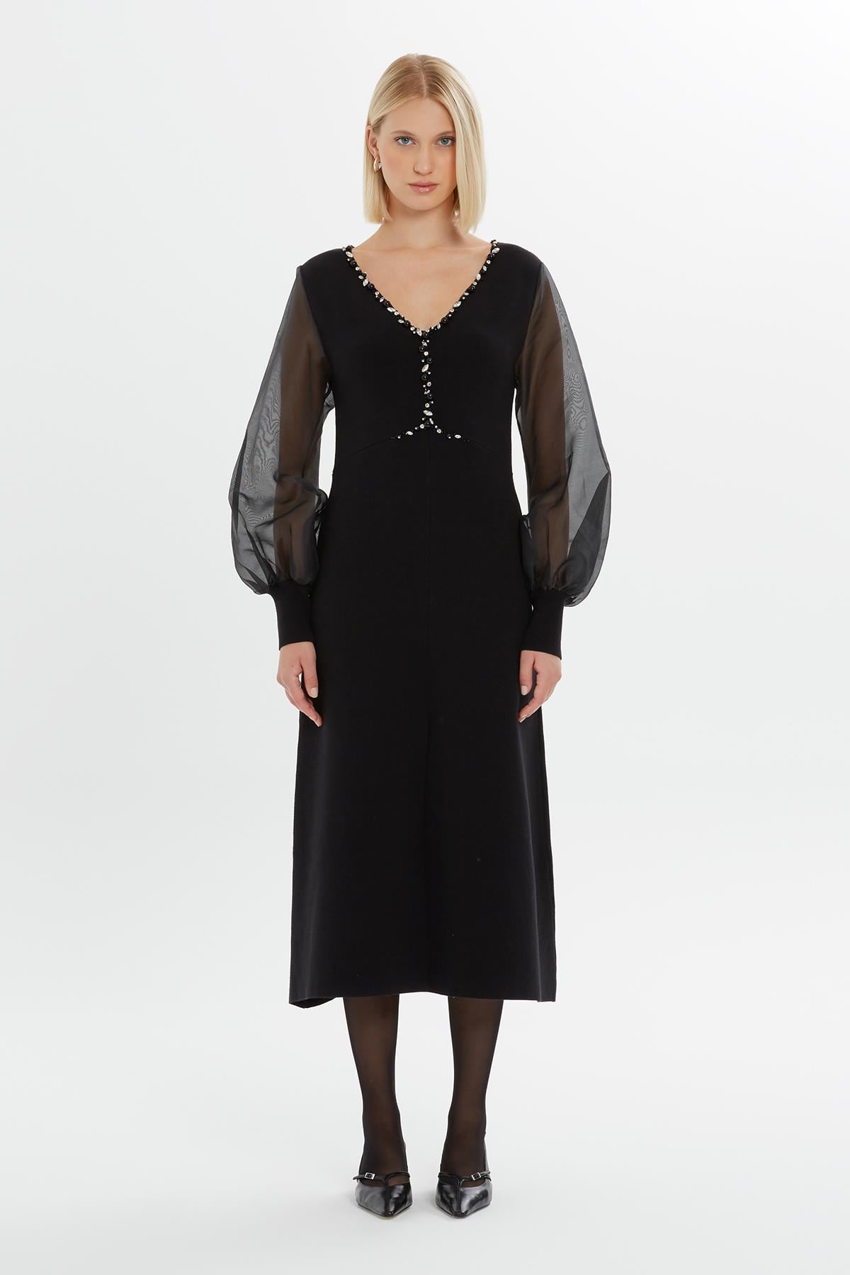 Midi Length Black Dress with Embroidered Collar and Front Slit