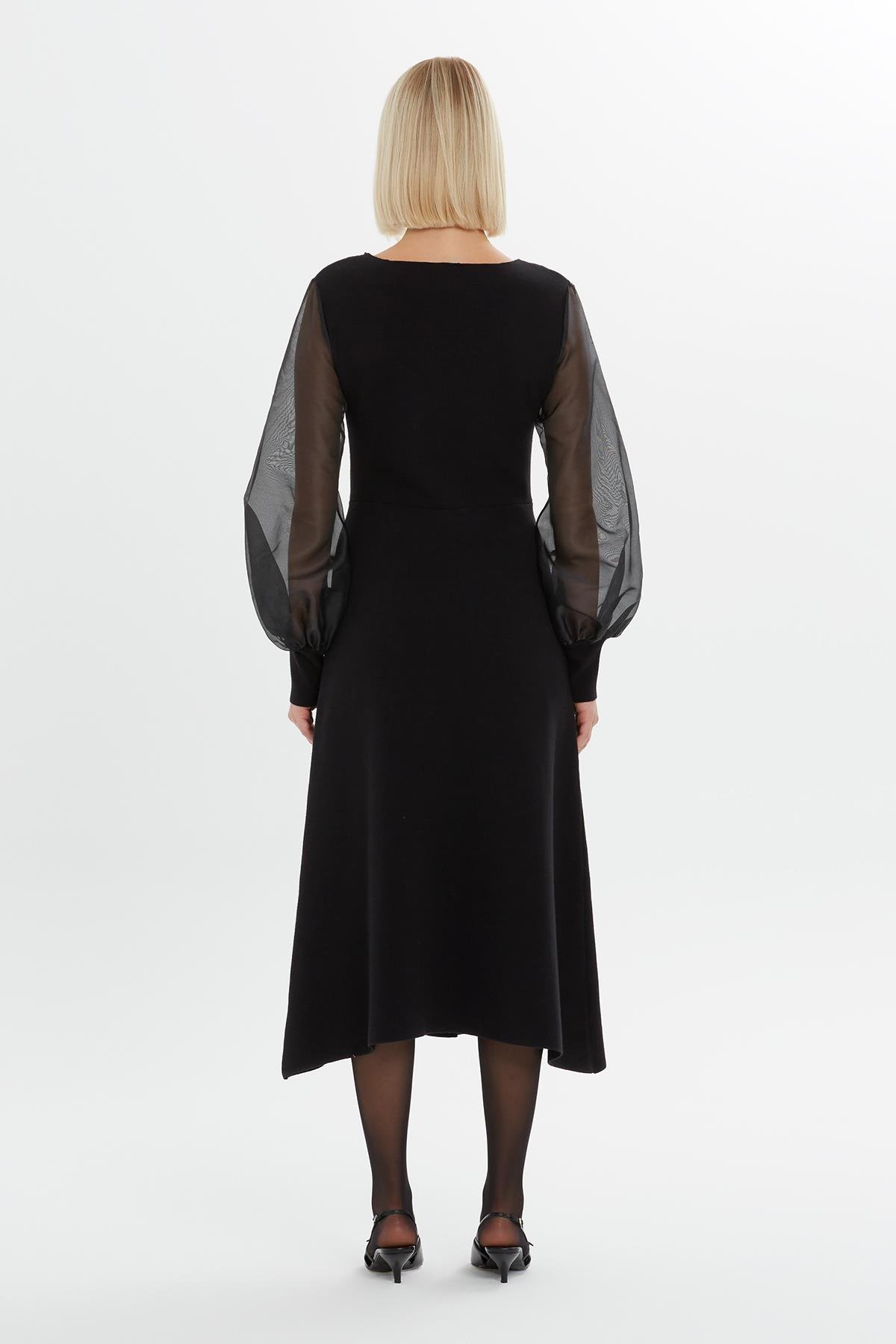 Midi Length Black Dress with Embroidered Collar and Front Slit