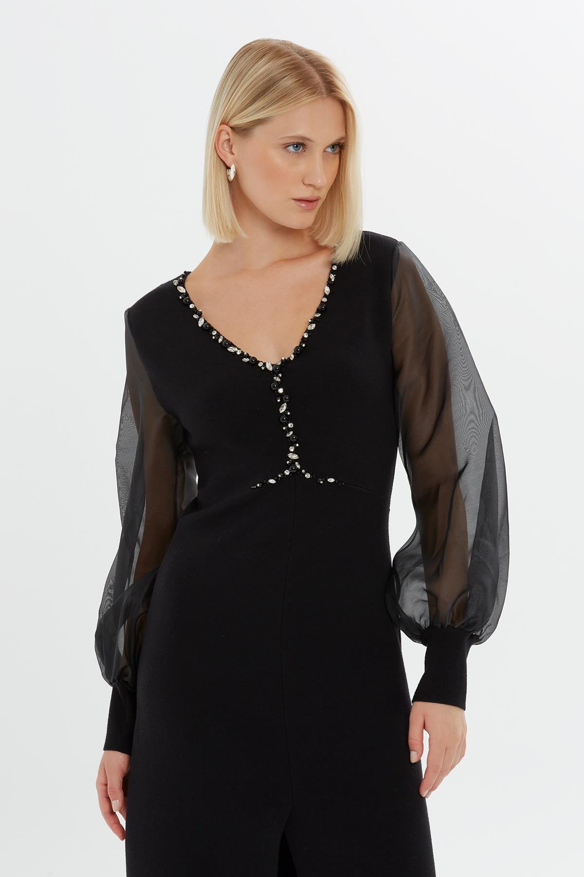 Midi Length Black Dress with Embroidered Collar and Front Slit