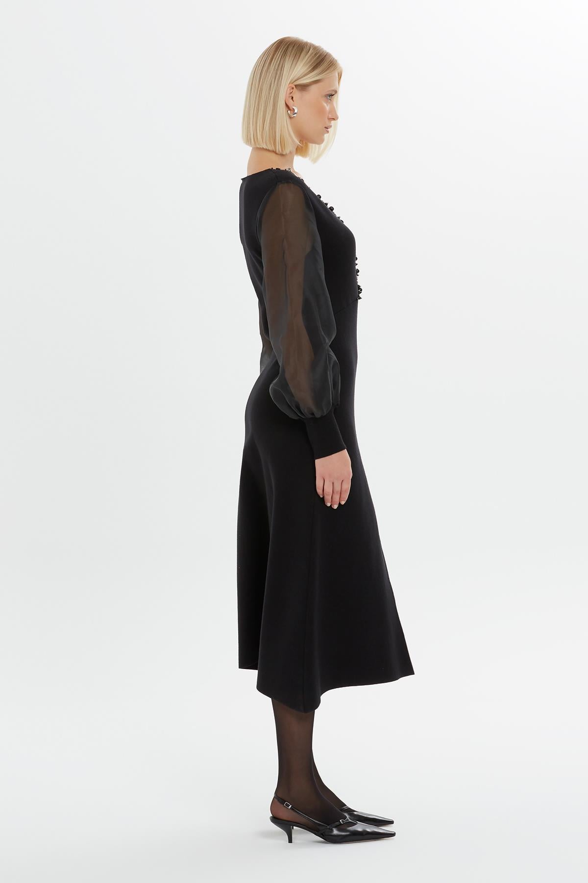 Midi Length Black Dress with Embroidered Collar and Front Slit