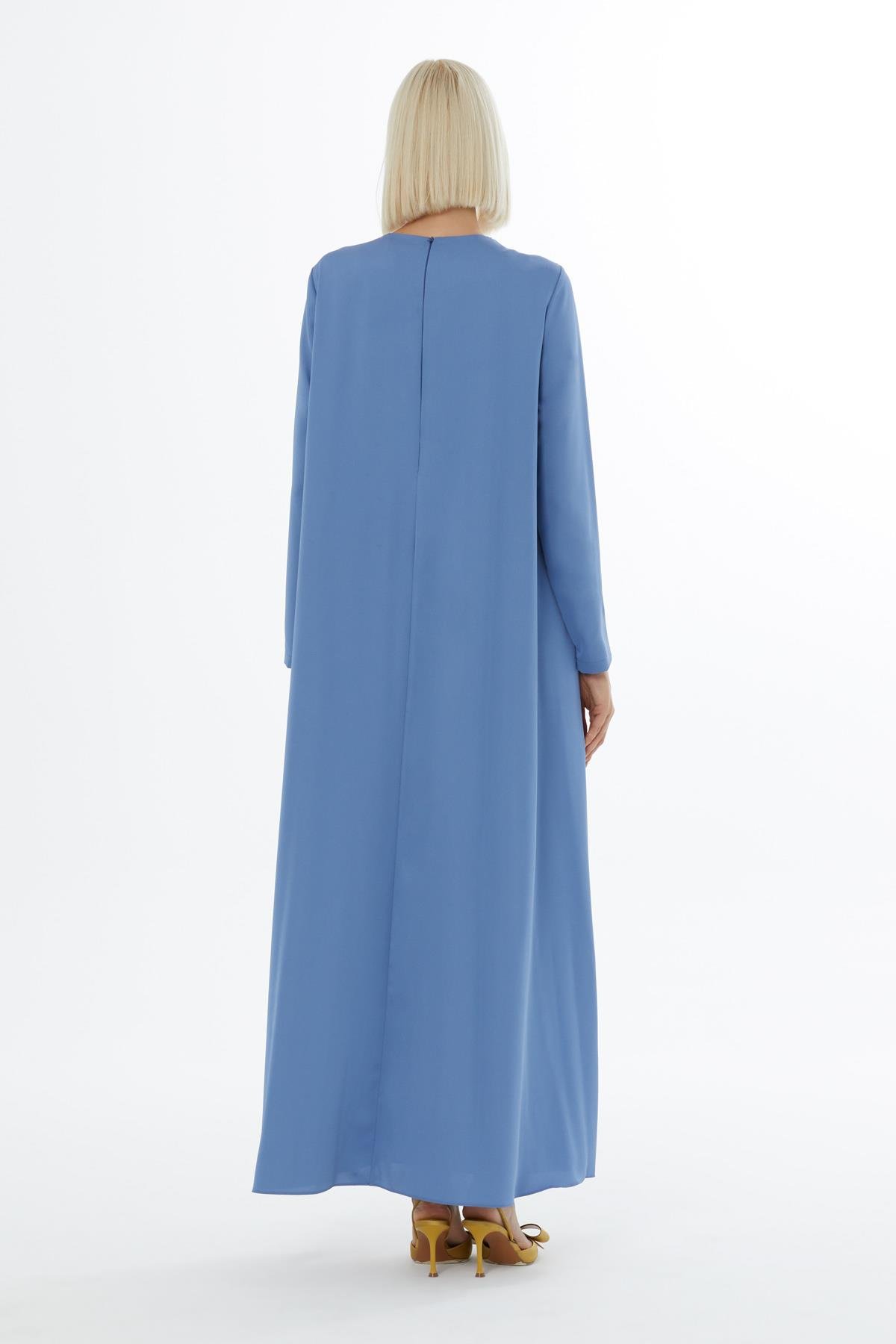 Yakası Taş İşleme Detaylı Lacivert Maxi Boy Abiye Elbise