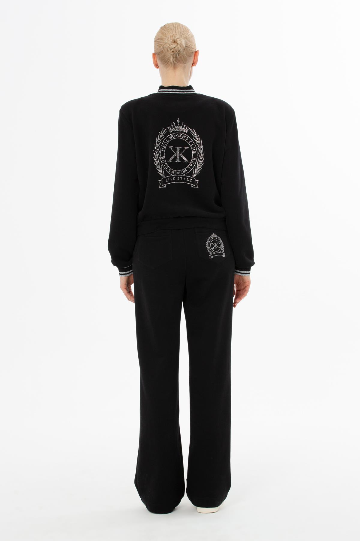 Yakası Ve Kol Manşeti Trikolu Baskılı Siyah Ceket