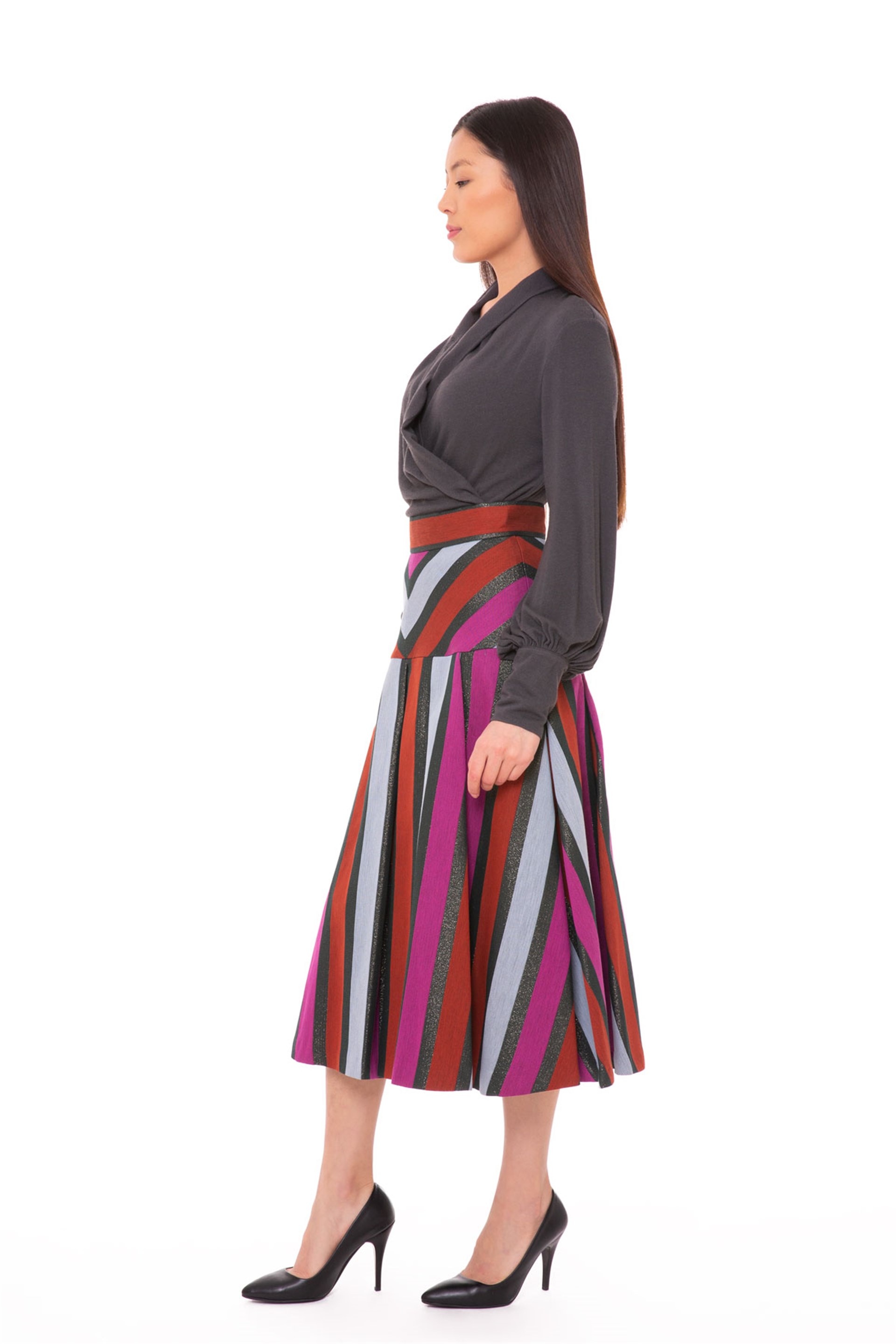 Side Ruffle Detailed V Neck Anthracite Blouse