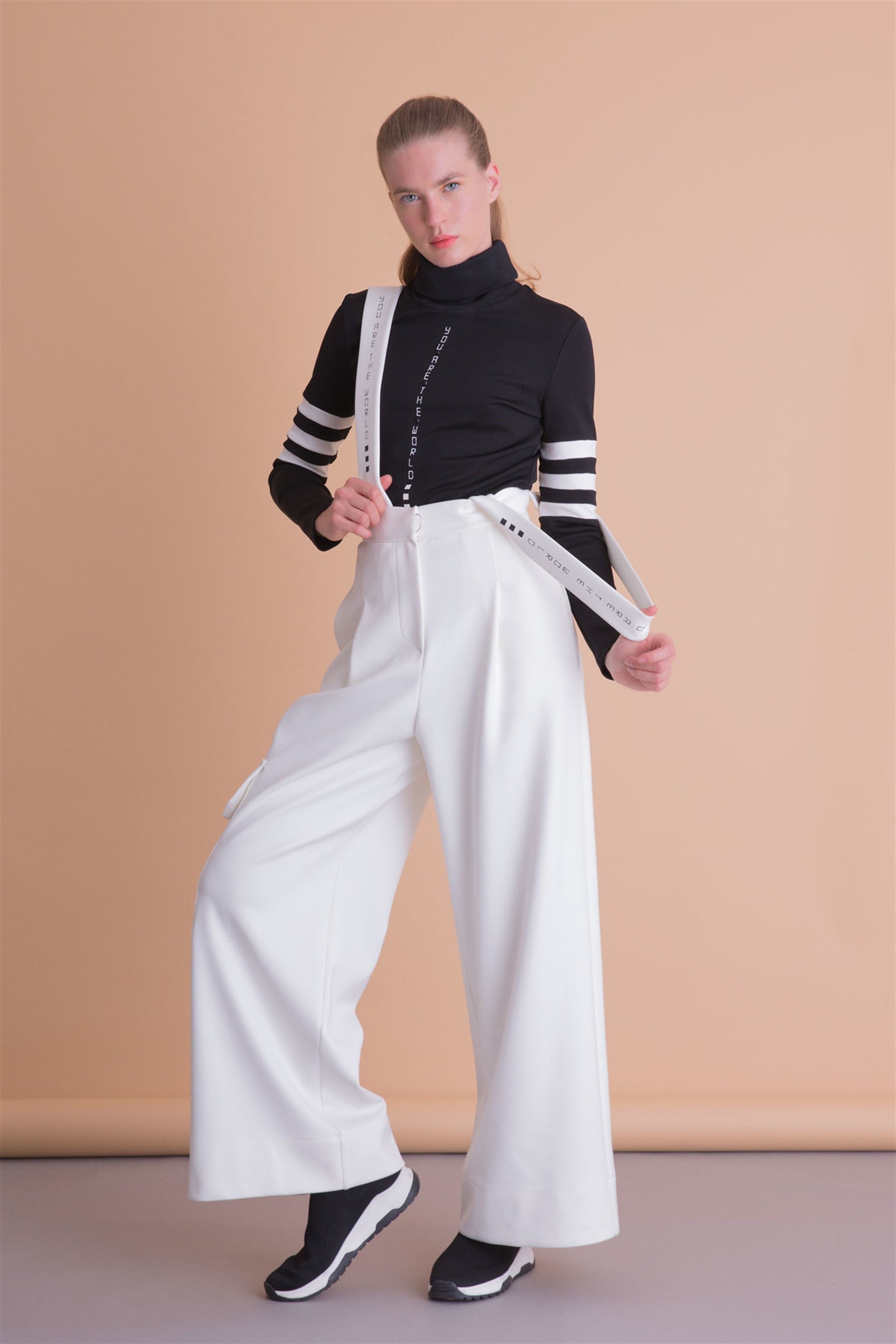 Letter Printed Turtleneck Black Sport Blouse