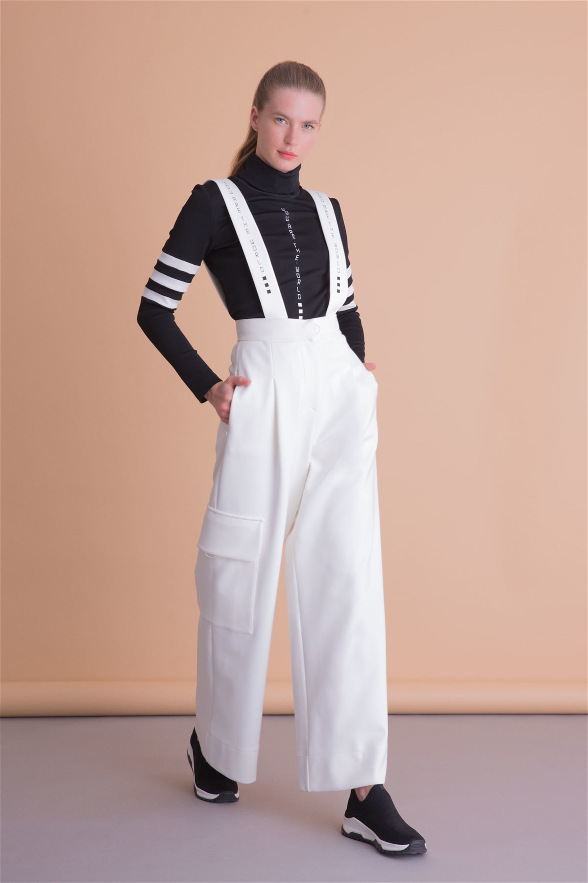 Letter Printed Turtleneck Black Sport Blouse
