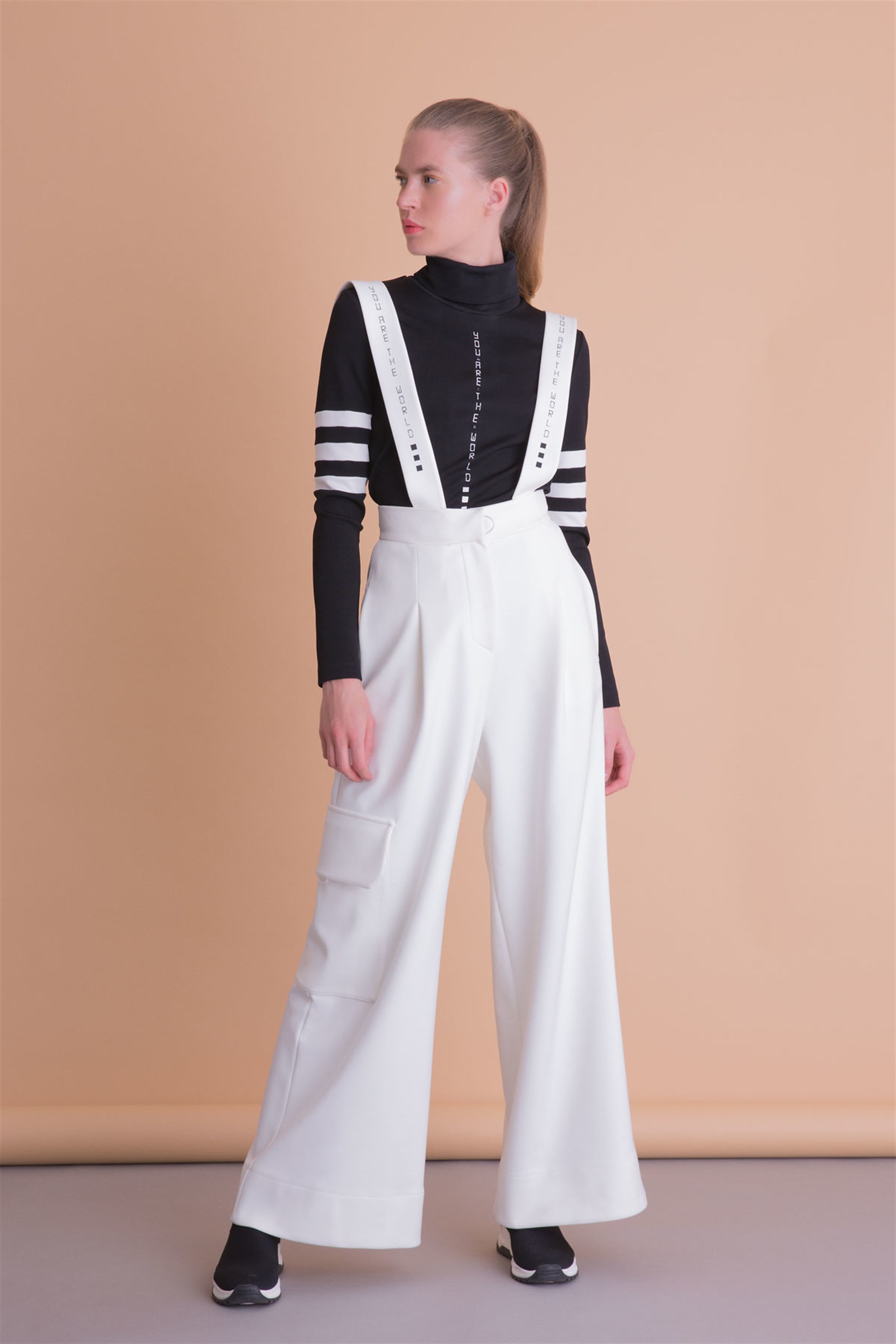 Letter Printed Turtleneck Black Sport Blouse