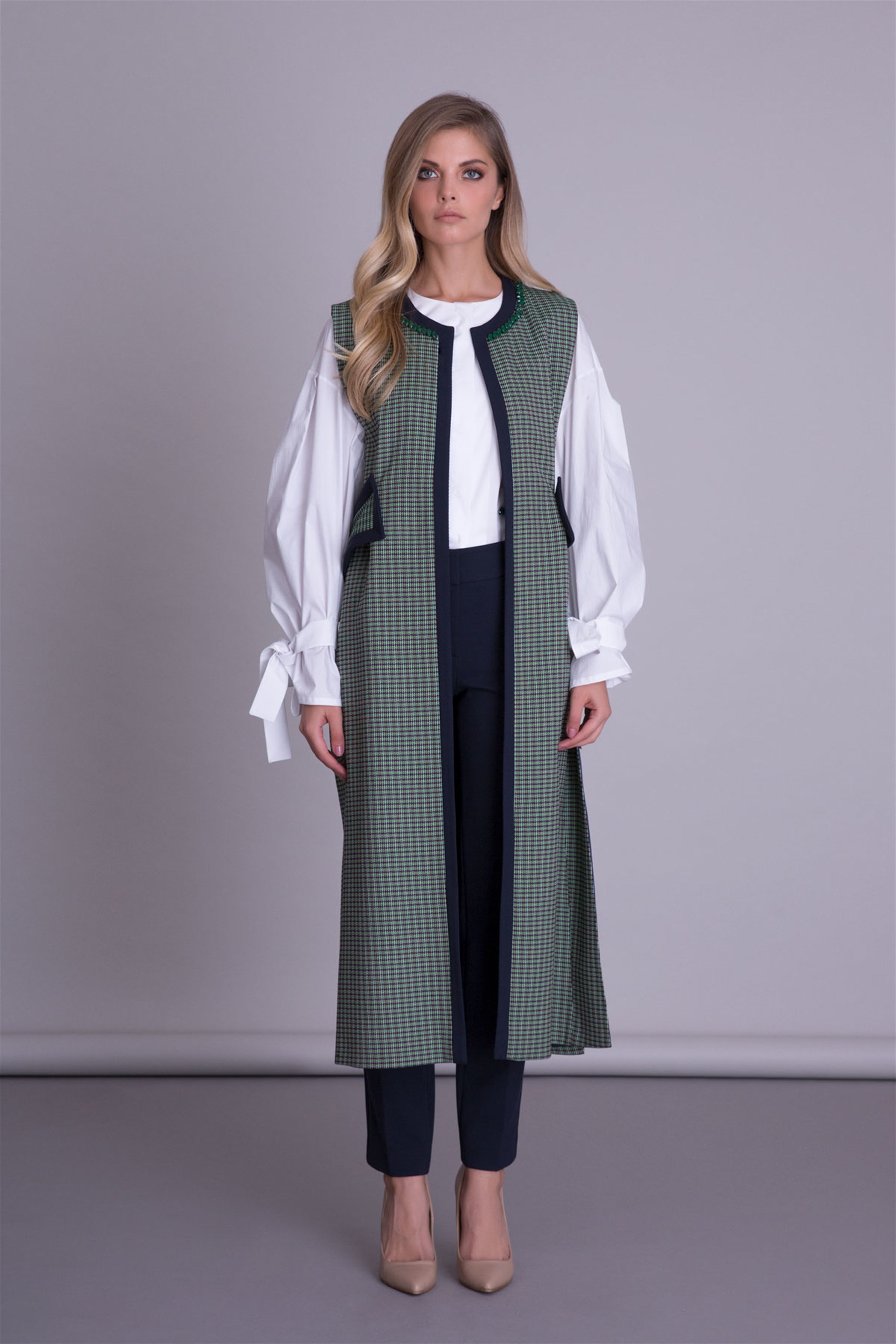 Slit Detailed Long Gingham Green Vest