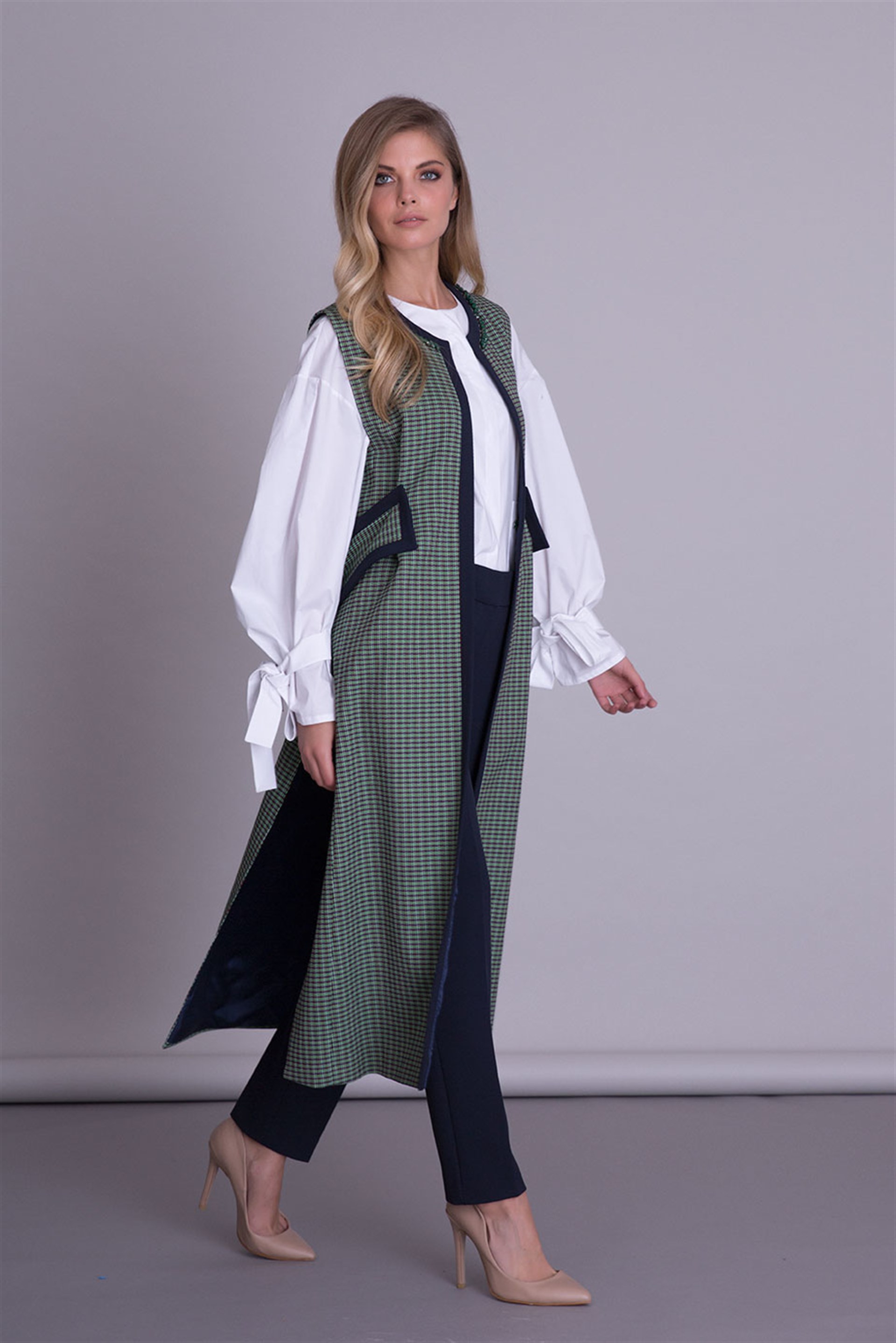 Slit Detailed Long Gingham Green Vest