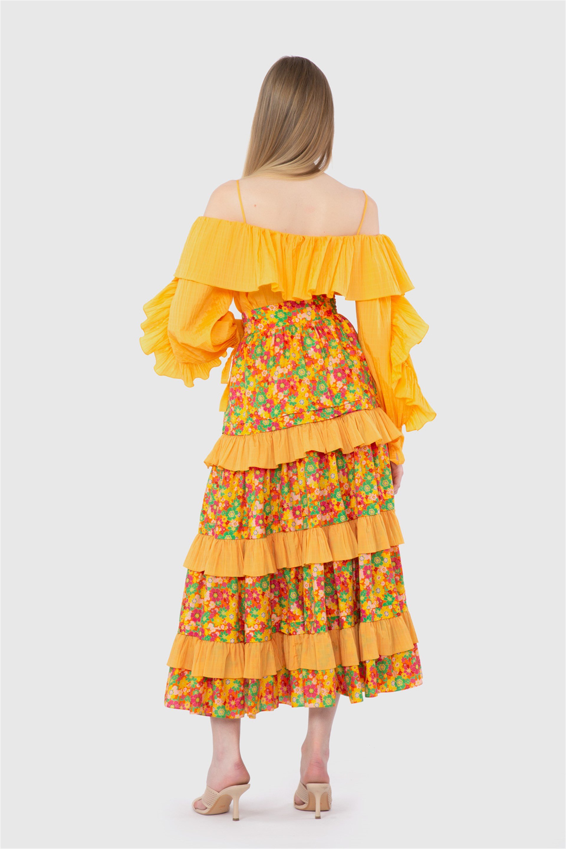 Yüksek Bel Çıtır Desenli Kontrast Kumaşlı Uzun Turuncu Etek