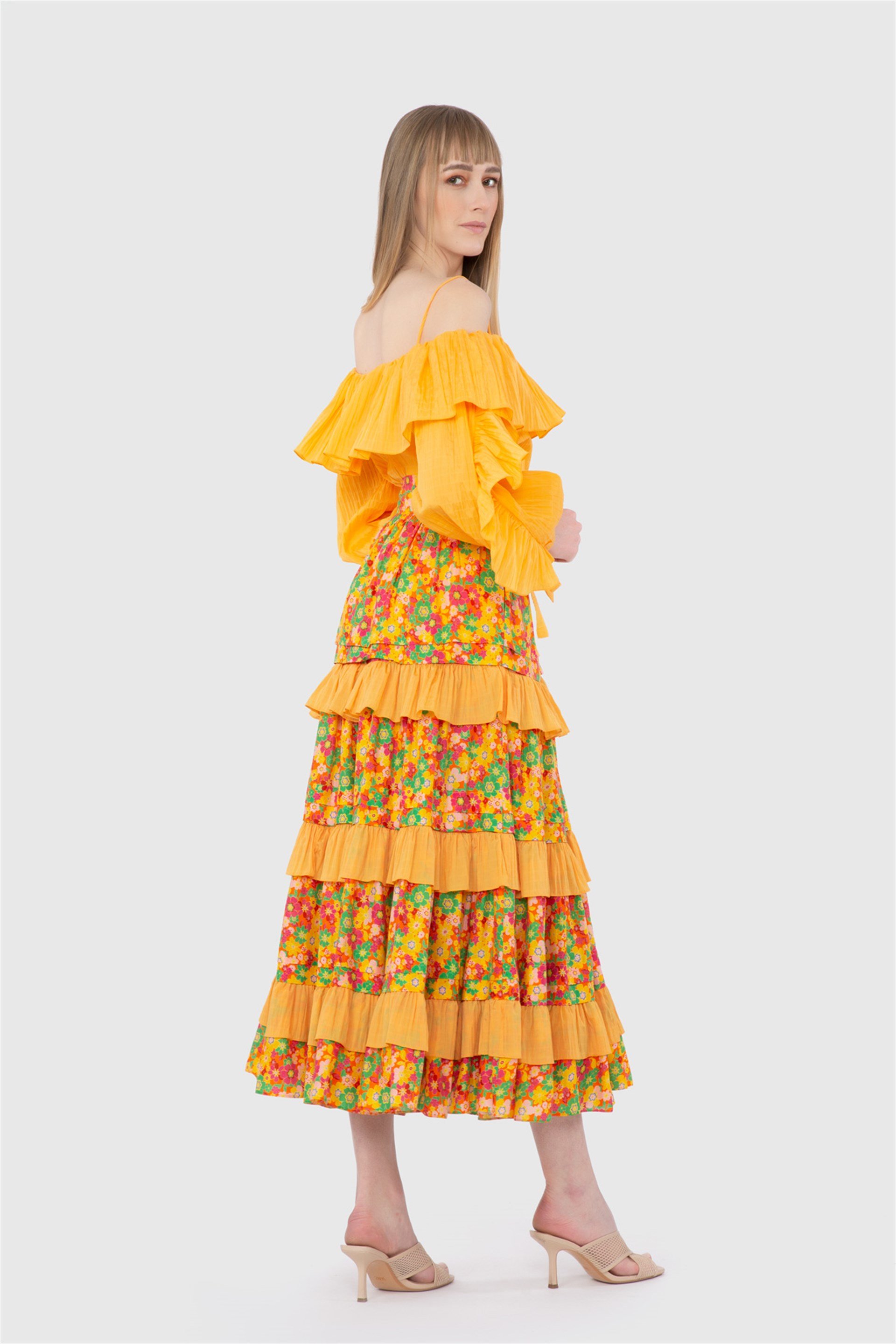 Yüksek Bel Çıtır Desenli Kontrast Kumaşlı Uzun Turuncu Etek