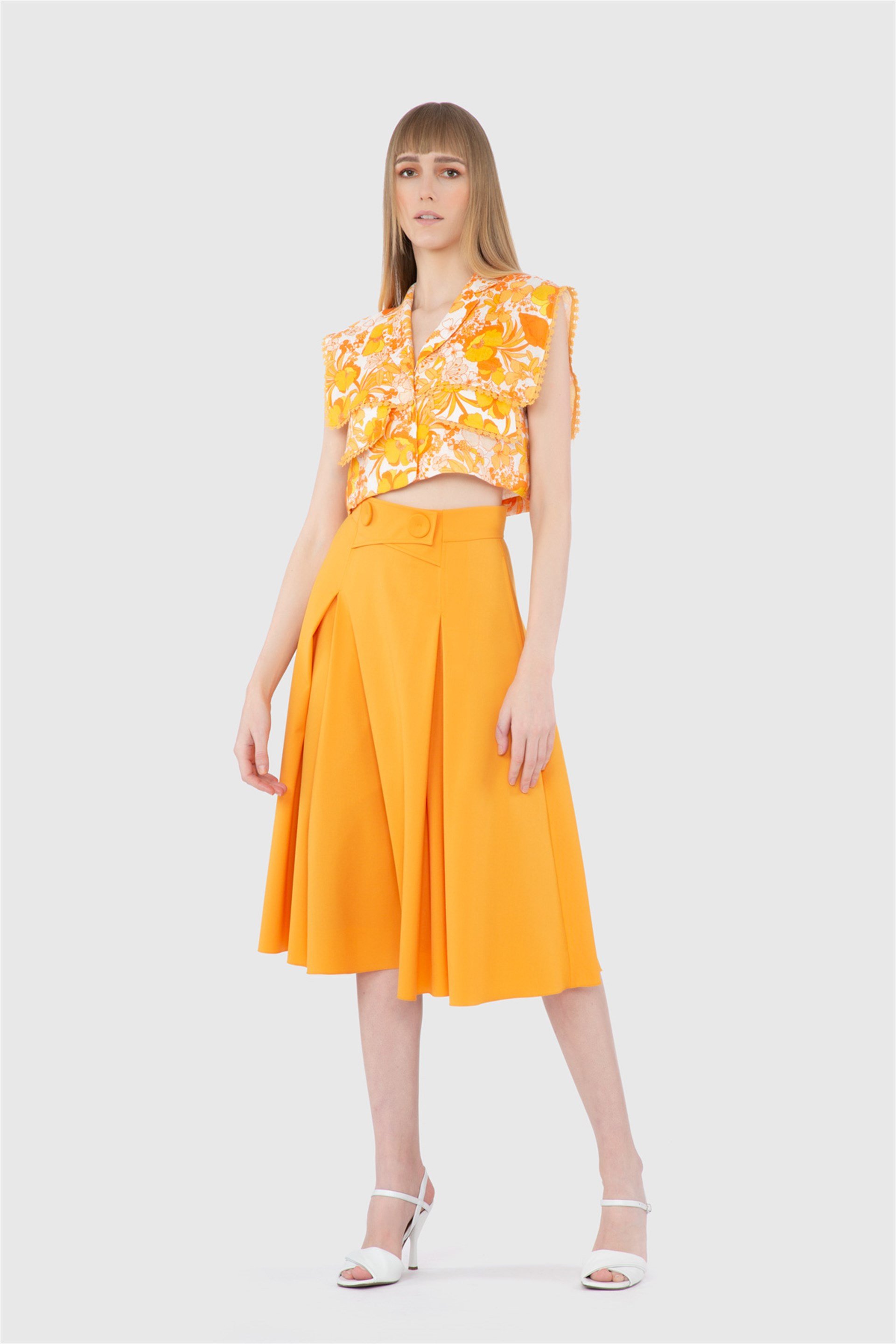 Yüksek Bel Düğme Detaylı Midi Boy Turuncu Etek