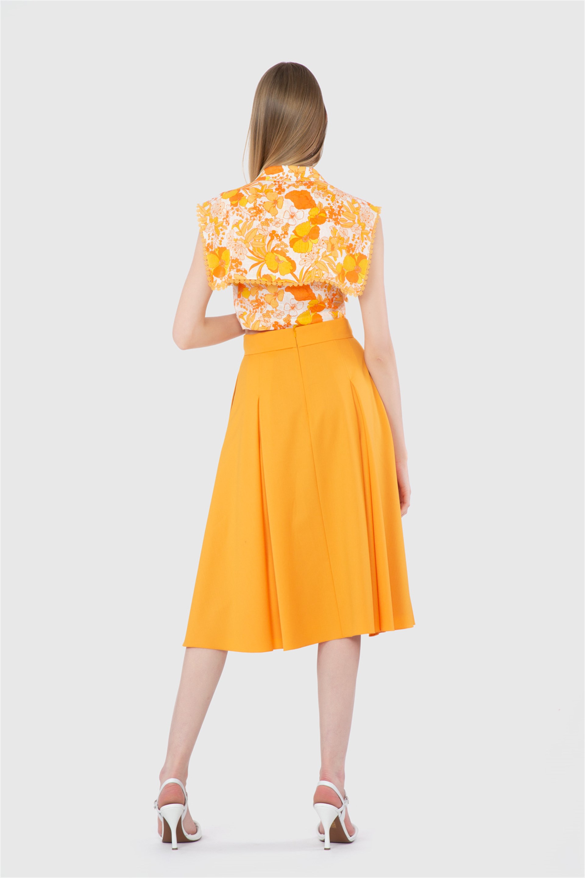 Yüksek Bel Düğme Detaylı Midi Boy Turuncu Etek