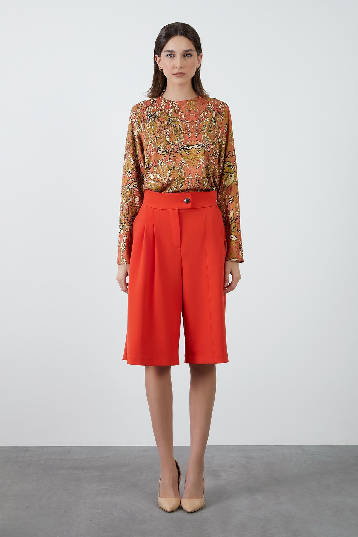 Yüksek Bel Mercan Rengi Bermuda Şort