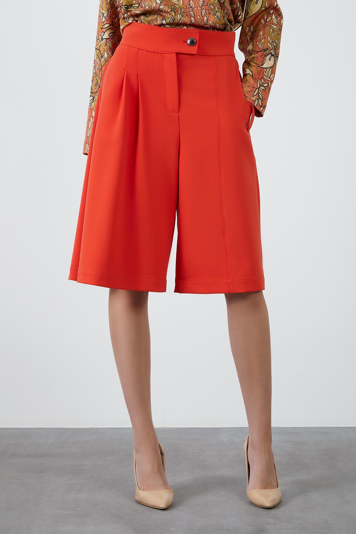 Yüksek Bel Mercan Rengi Bermuda Şort