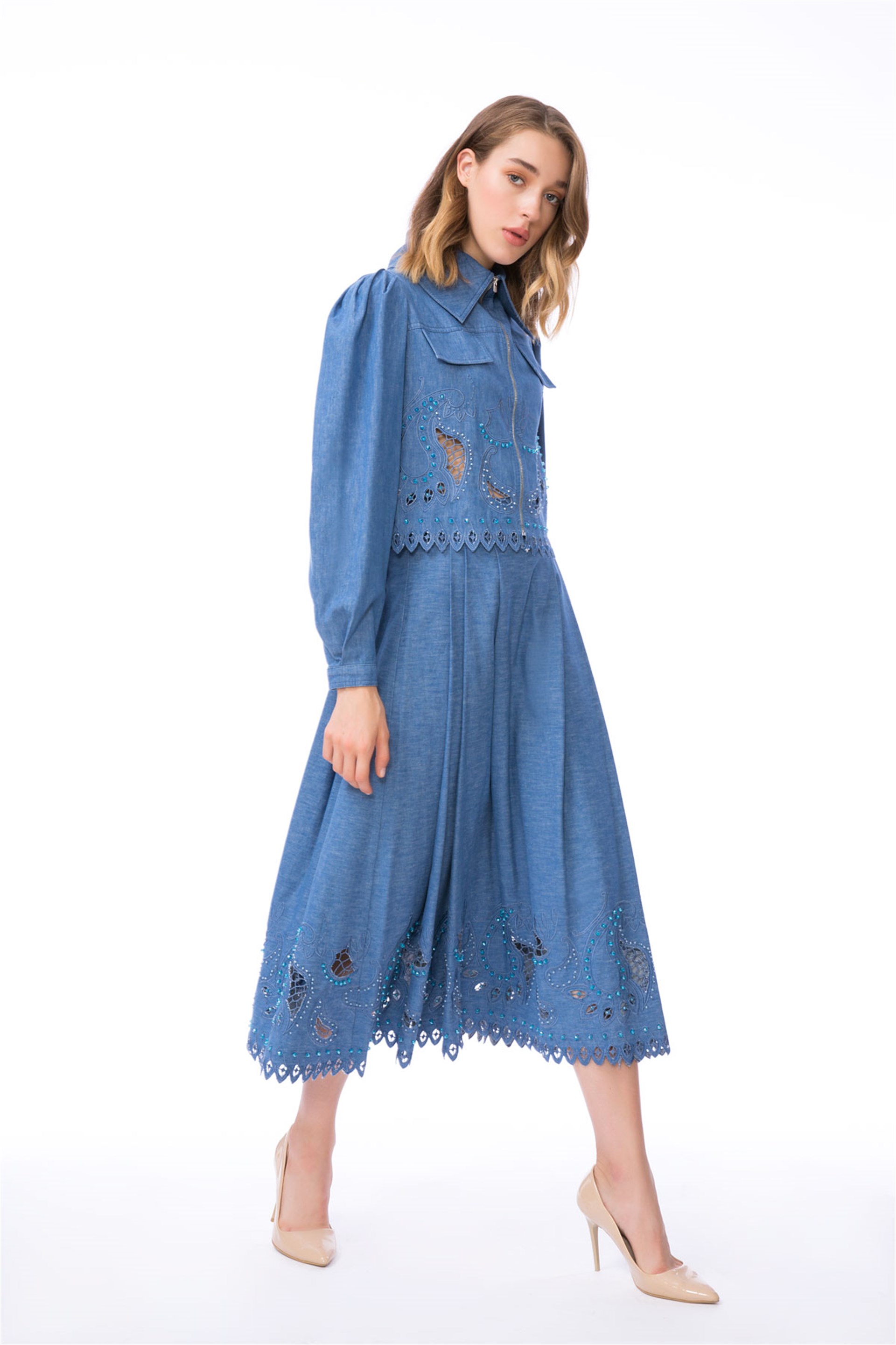 Yüksek Bel Nakış İşlemeli Midi Boy İndigo Denim Etek