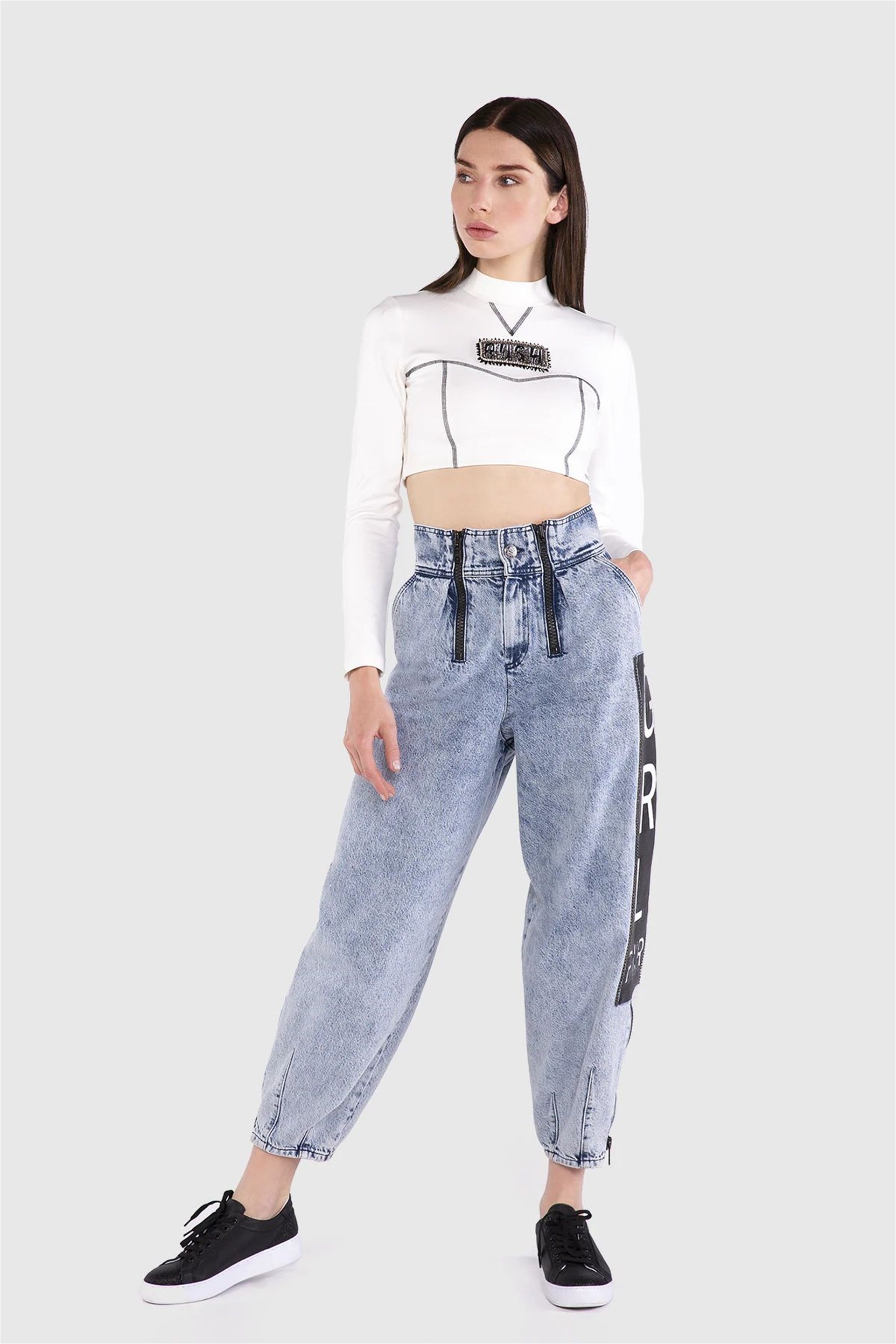 Yüksek Bel Straz Taş İşlemeli Slouchy Jean Mavi Pantolon