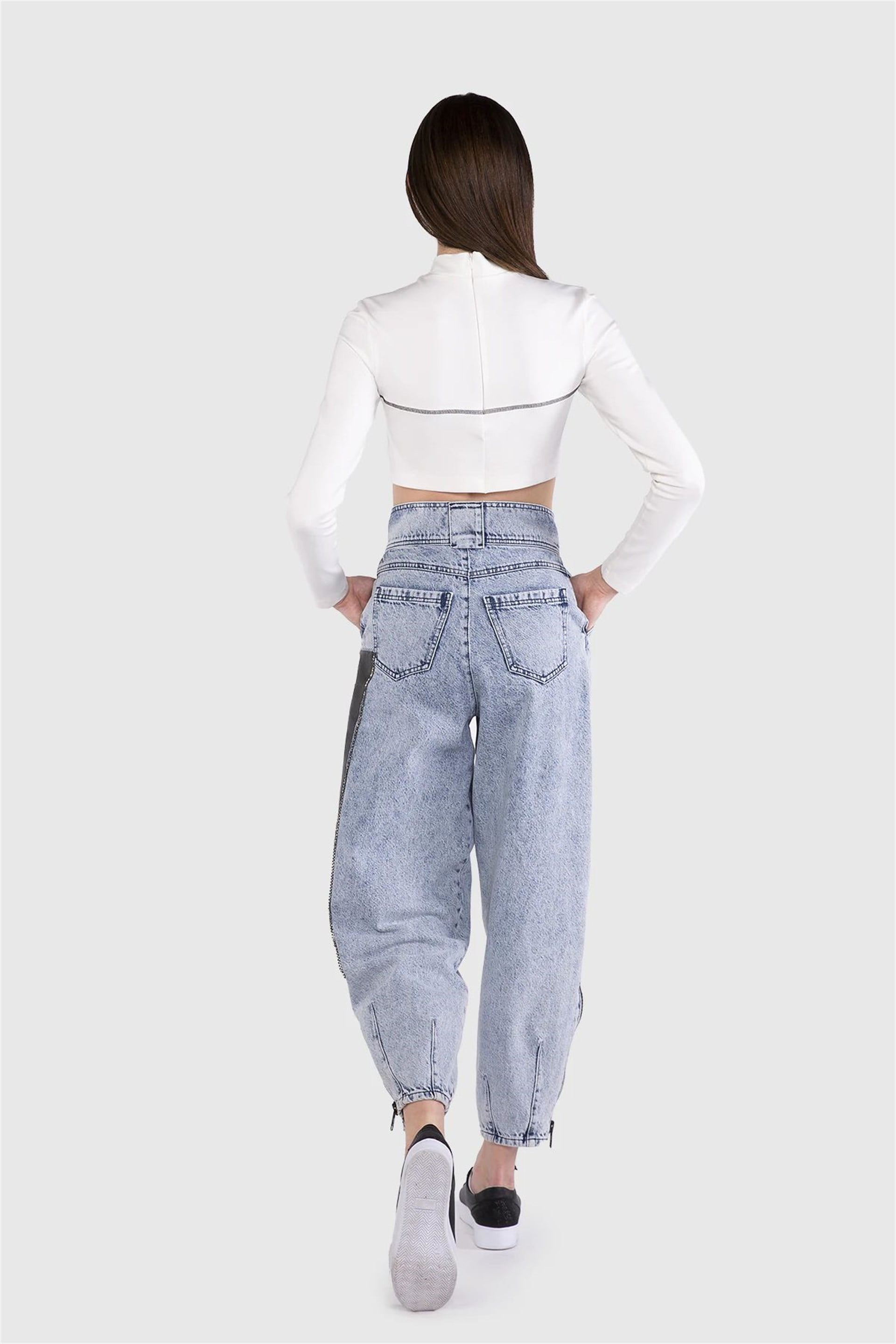 Yüksek Bel Straz Taş İşlemeli Slouchy Jean Mavi Pantolon