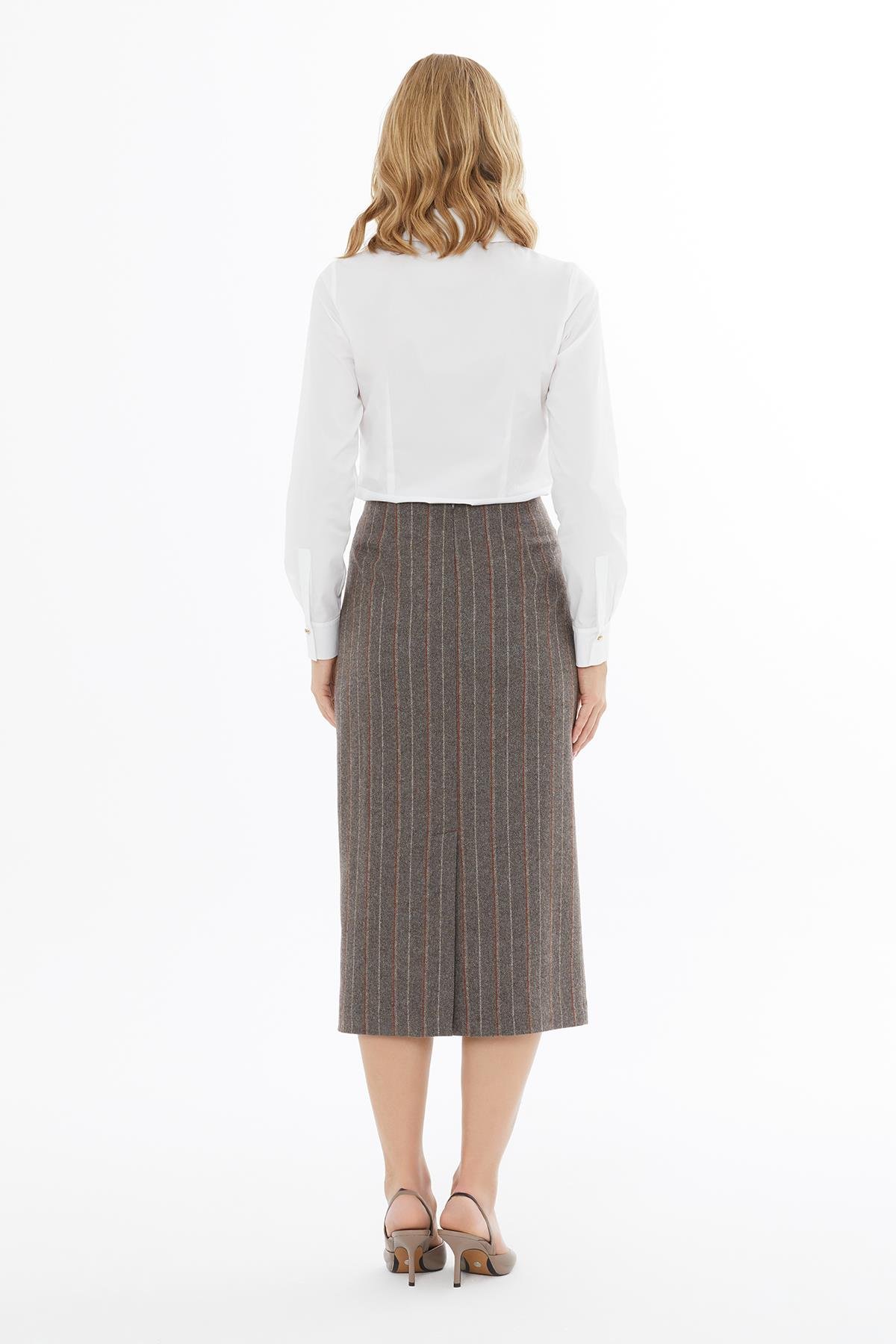 Yün Karışımlı Kahverengi Çizgili Kalem Etek