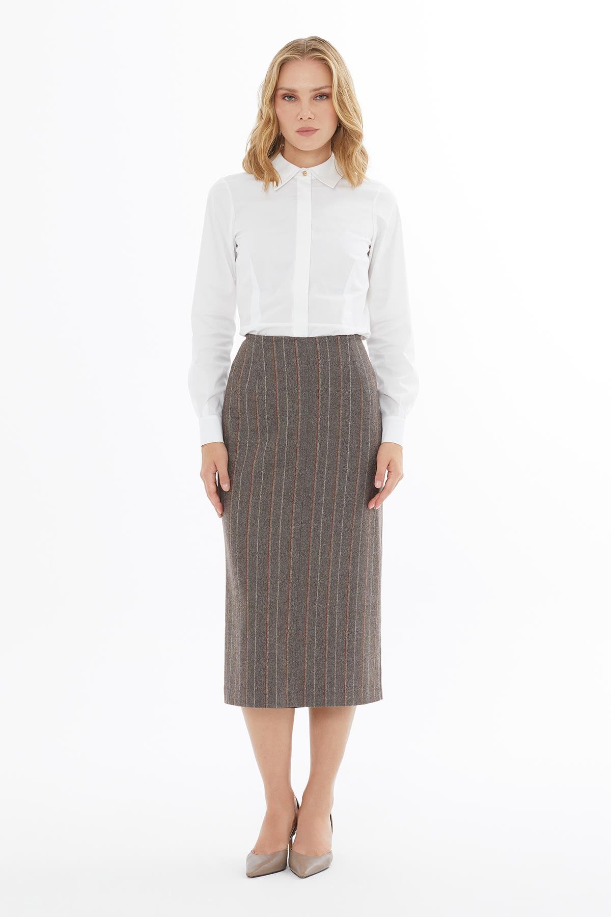 Yün Karışımlı Kahverengi Çizgili Kalem Etek