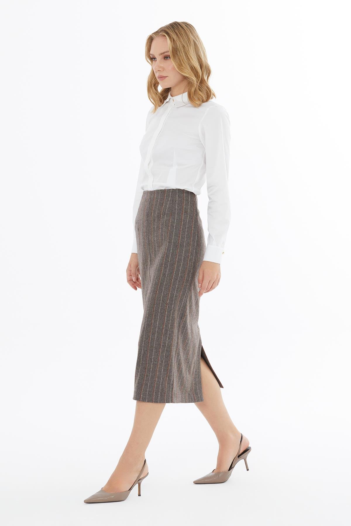 Yün Karışımlı Kahverengi Çizgili Kalem Etek