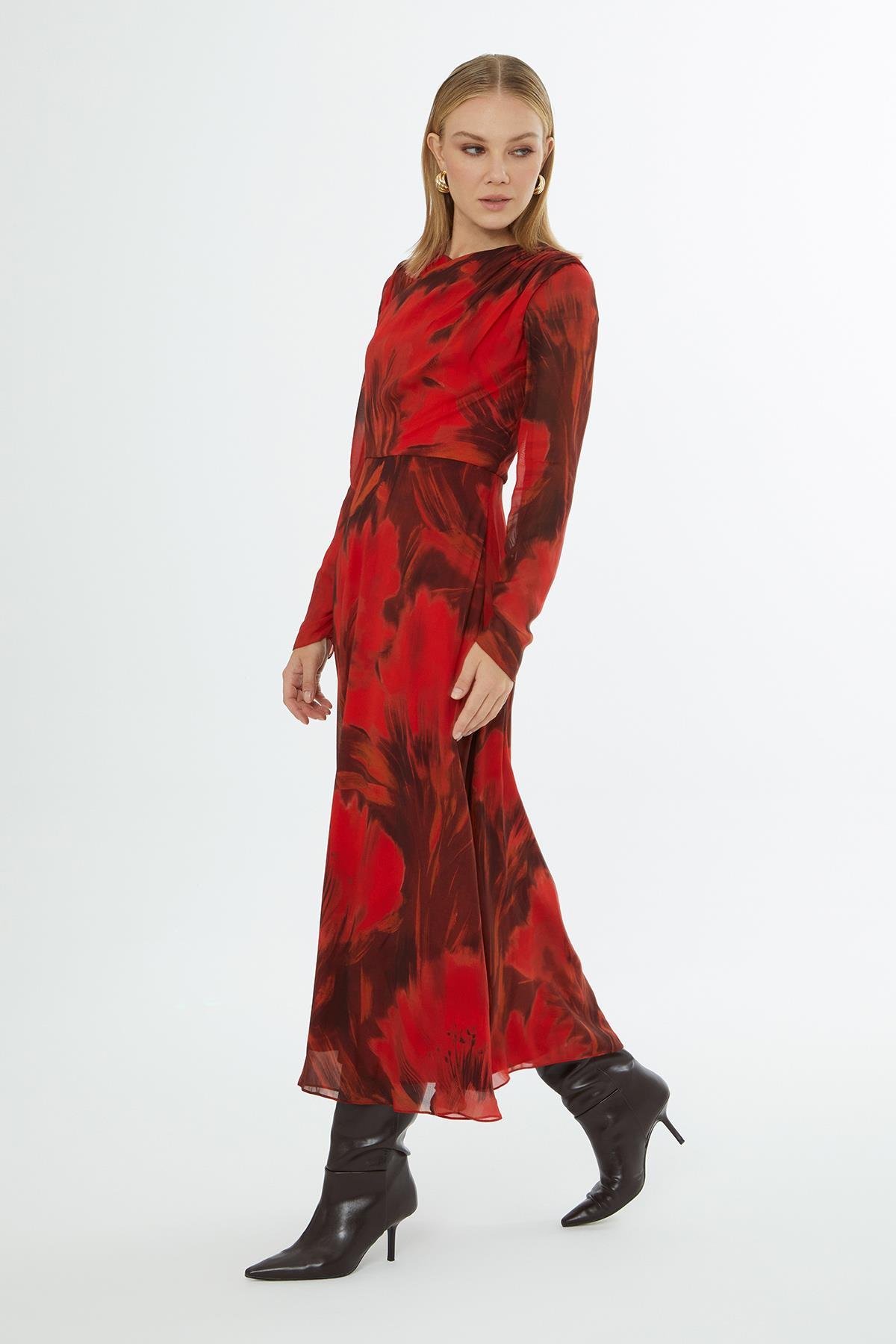 Round Neck Dress with Zipper Closure and Gathered Shoulders